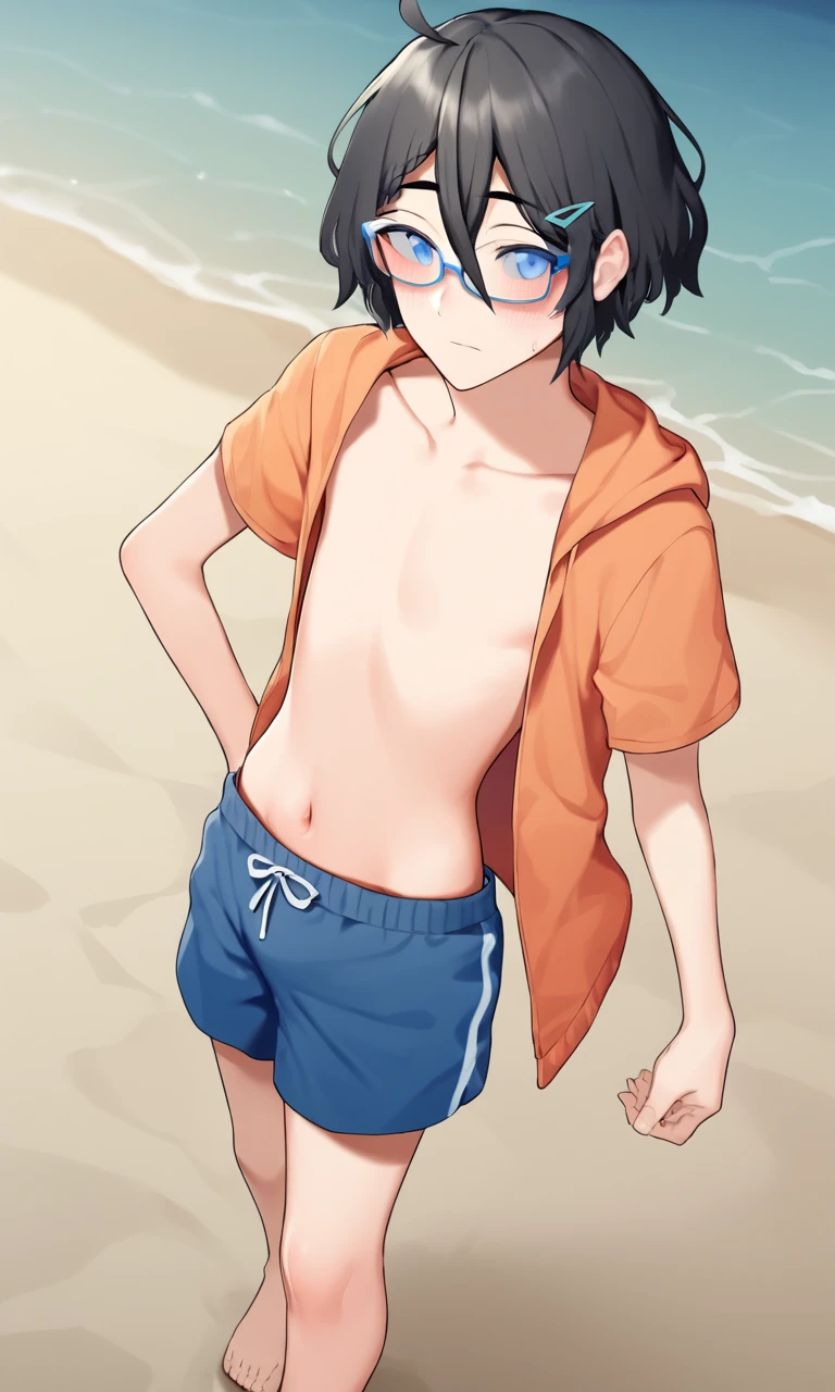 score_9, score_8_up, score_7_up, source_anime, anime illustration, masterpiece, best quality, lots of details, detailed background, rating_questionable, BREAK
1boy, solo, 18 years old, adult, kushizakivtuber, blue eyes, black hair, male swimwear, navel, hairclip, ahoge, swim trunks, glasses, barefoot, bangs, hair between eyes, beach, open clothes, hood, braided bangs, blush, short sleeves, single braid, jacket, otoko no ko, collarbone, looking at viewer