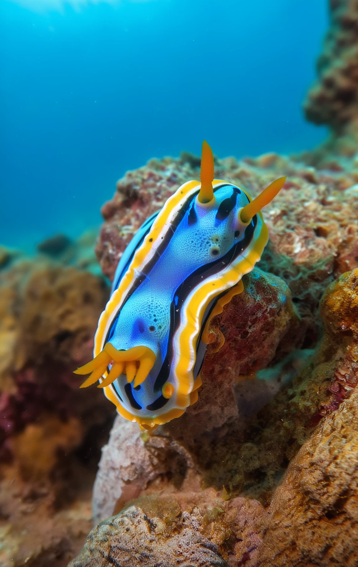 underwater photo from below of a chromodoris annae on a rock,
BREAK
intricate detail, vibrant colors