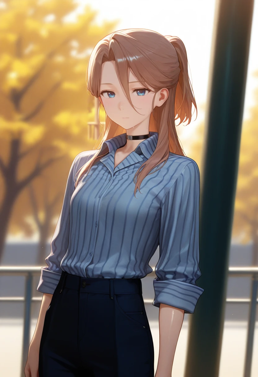 1girl, nishimiya yaeko, long hair, blue eyes, hair between eyes, brown hair, expressionless, bangs, half updo, small breasts, <lora:Nishimiya_Yaeko-05:1>, vertical-striped shirt, collared shirt, pants, looking at viewer, solo, black choker, cowboy shot, autumn leaves, outdoors, railing, volumetric lighting, shiny skin, humid skin, BREAK, best quality, amazing quality, highres, absurdres, very aesthetic, high resolution, ultra detailed, perfect details <lora:nyalia:0.4>