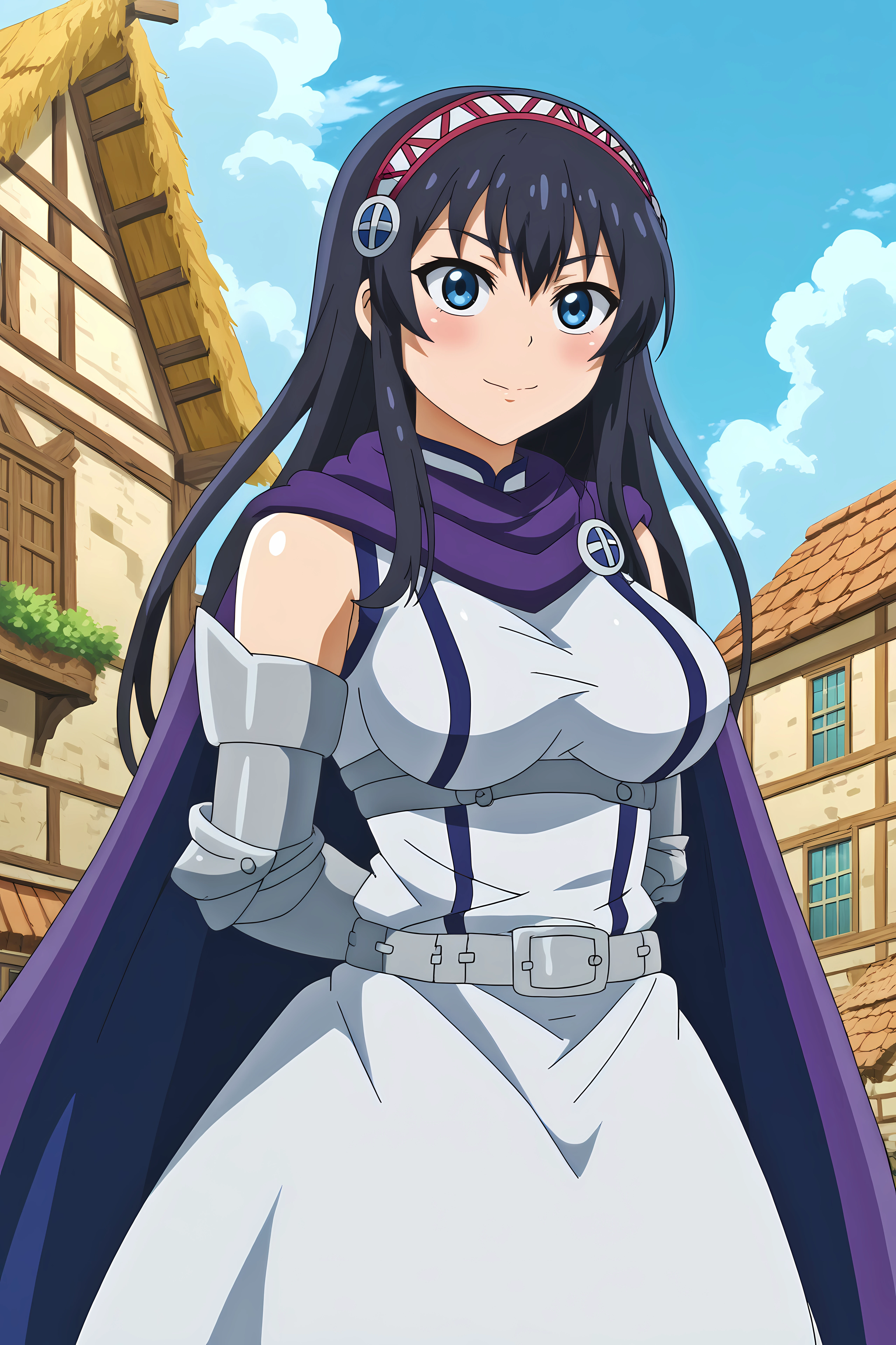 luvelia sanctos,1girl,solo,long hair,gloves,zettai ryouiki,hairband,breasts,large breasts,smile,cape,fingerless gloves,upper body,hands behind the back
outdoors,old village,medieval village,blue sky,cloudy sky



<lora:Luvelia_Sanctos_-_Peter_Grill_to_Kenja_no_Jikan.safetensors:0.8>
<lora:detailed_backgrounds_v2.safetensors:0.5>