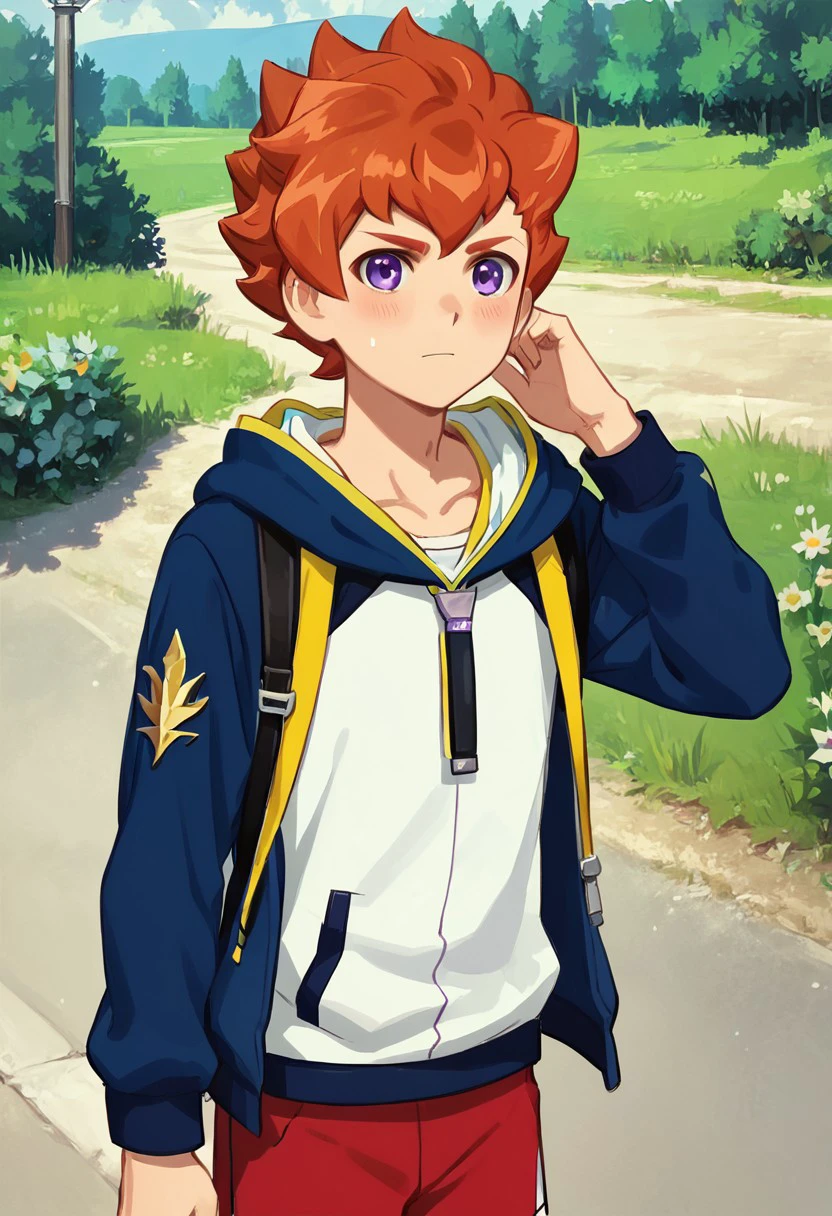 score_9,score_8,score_7,score_8_up,score_7_up,score_6_up,absurdres, masterpiece, best quality, very aesthetic,outdoors,solo,perfect face,1boy,solo,(ultra-detailed) ,blush,perfect face,1boy,sena arata,ginger hair,spiky hair,purple eyes,semi-realistic,dark blue and white hooded jacket,red shorts,leggings,sneakers,handsome,upperbody