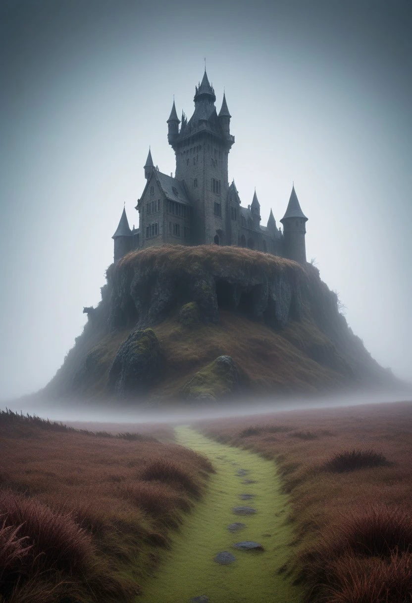 A lone, abandoned castle looming ominously over a dark and foggy moor, Faeothic