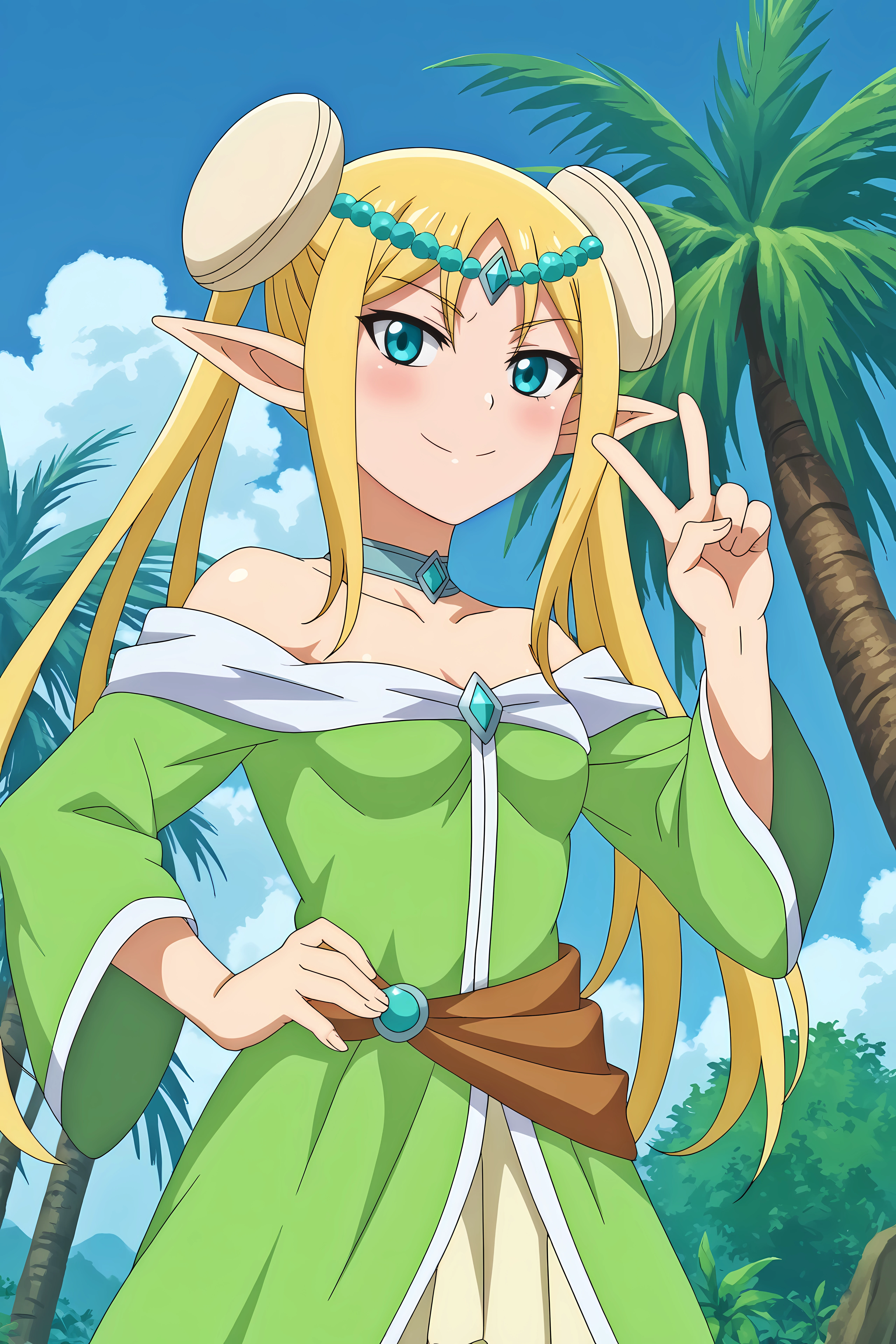 vegan eldriel,1girl,solo,twintails,long hair,pointy ears,elf,breasts,dress,circlet,small breasts,hair ornament,smile,peace sign,hand_on_hip,smile,upper body

BREAK
outdoors,jungle,tree,blue sky,flower,palm_tree, yellow flower



<lora:Vegan_Eldriel_-_Peter_Grill_to_Kenja_no_Jikan.safetensors:0.8>
<lora:detailed_backgrounds_v2.safetensors:0.5>
