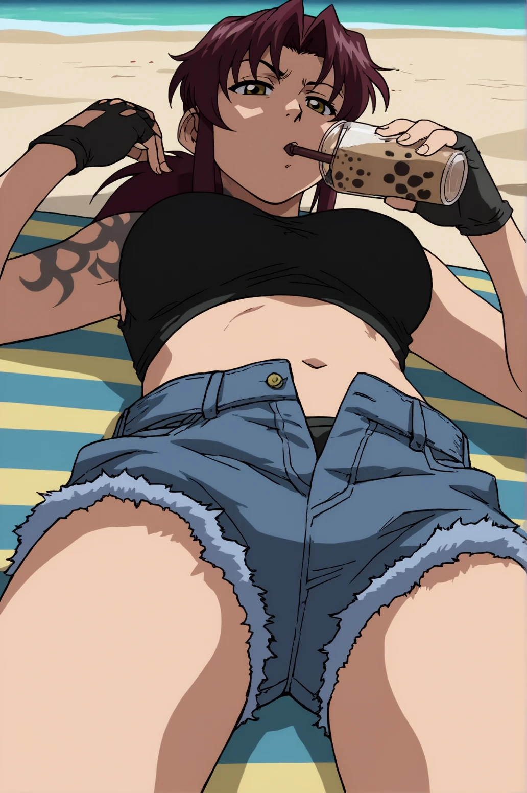 score_9, score_8_up, score_7_up,anime_source, source_anime, best background, detailed background, anime screencap,  Revy, Main Outfit, lying down, tsundere, from below, outdoors, sand, beach, seductive body, drinking, bubble tea,  <lora:JN_Revy_Pony:0.8>