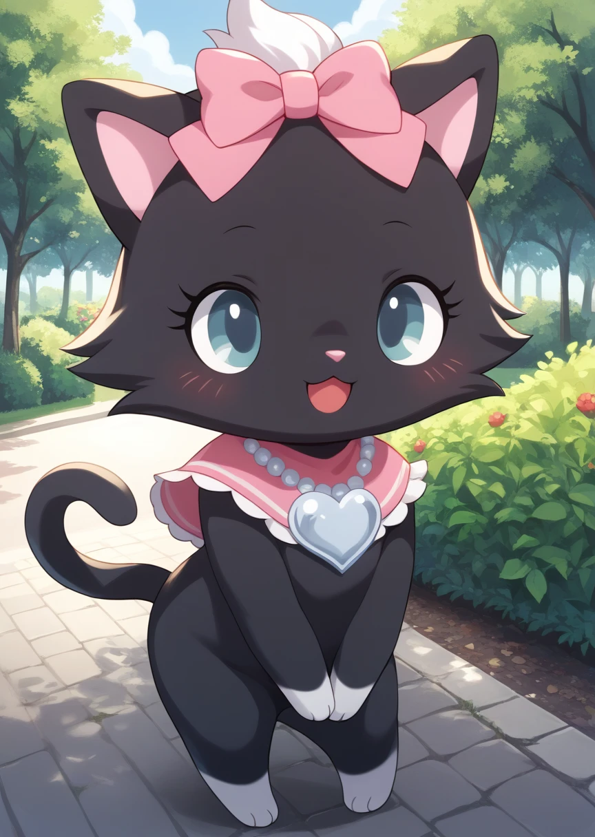 score_9, score_8_up, score_7_up, score_6_up, score_5_up, BREAK
di4na, anthro, female, jewelpet, solo, open mouth, smile, bow, hair bow, heart, no humans, :3, park, pink bow, standing, furry