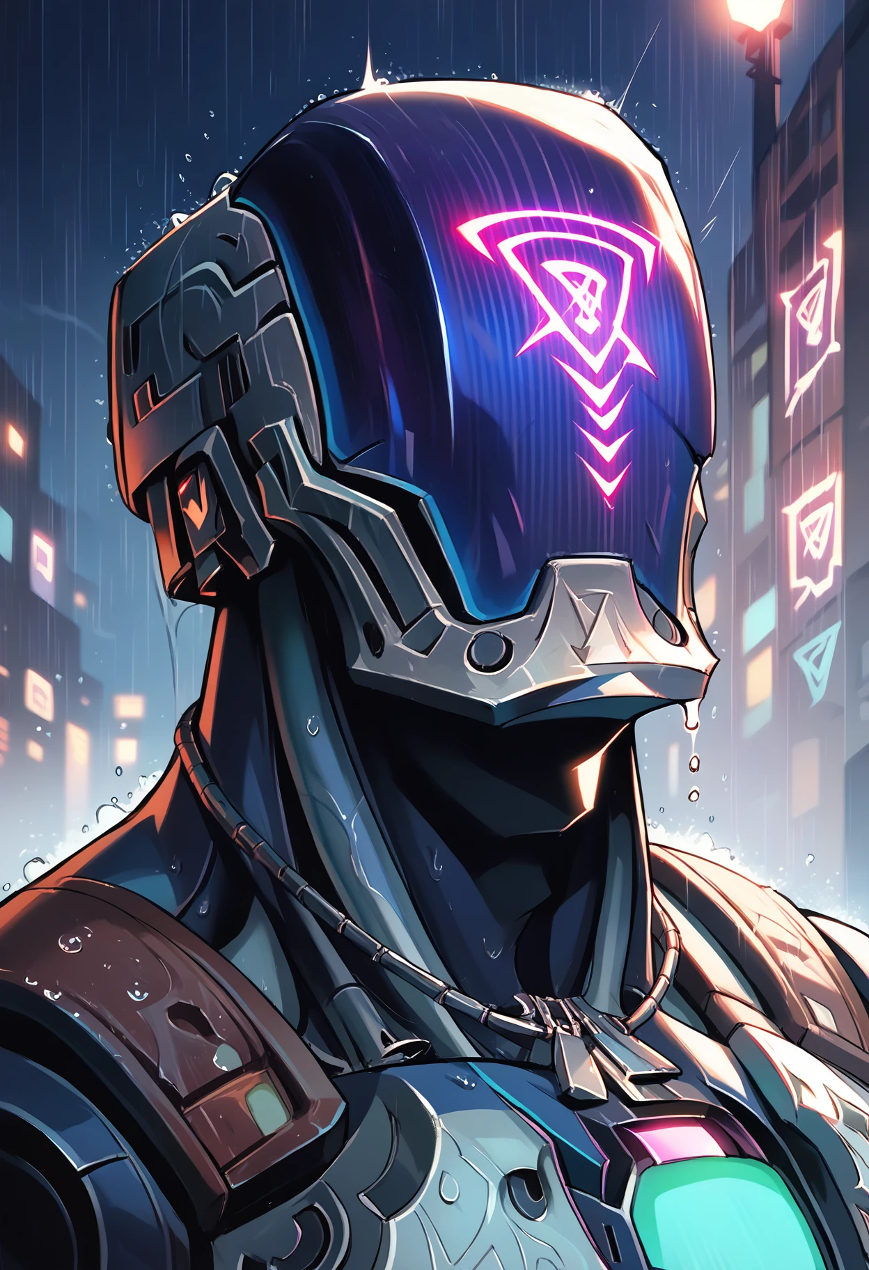 zPDXL3, score_9, score_8_up, score_7_up, (detailed face, detailed body, detailed background, perfect anatomy, masterpiece, high quality, best quality), line art, source_anime, male focus, kayo_valorant, robot, cyborg, muscular, outside, dramatic lighting, dusk, city, raining, wet, neon lights, (looking up:1.6) <lora:KAYO_Valorant_V1:1> <lora:detailed_notrigger:1>