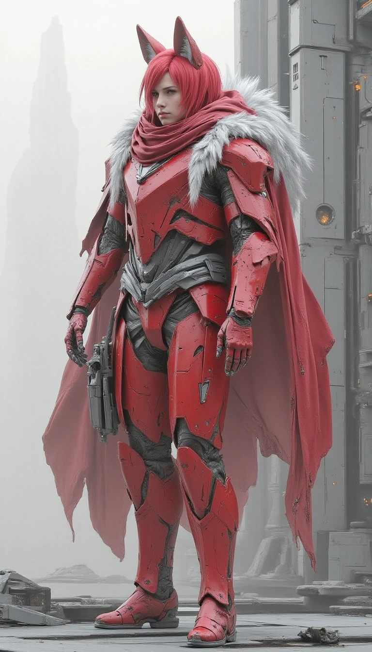 FuturisticWhite, a character with red hair and fox ears, wearing intricate red armor with feathers, posed confidently