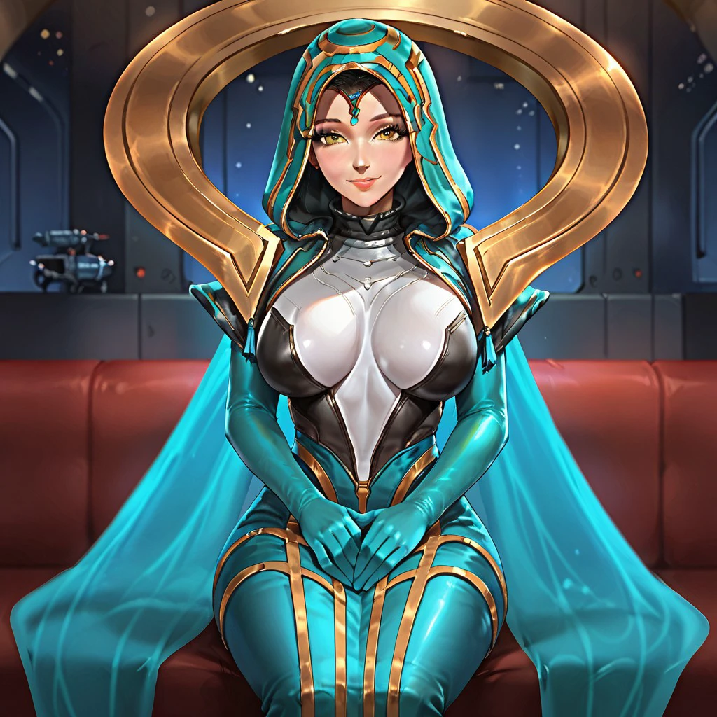 score_9, score_8_up, score_7_up, very aesthetic, extremely detailed, 1girl, solo, sitting, hands on lap, looking at viewer, smile, close-up, sona-odyssey, yellow eyes, hood up, large breasts, bodysuit, mature female, forehead jewel, gem, elbow gloves, dress, makeup, curvy, wide hips, thick thighs, spaceship