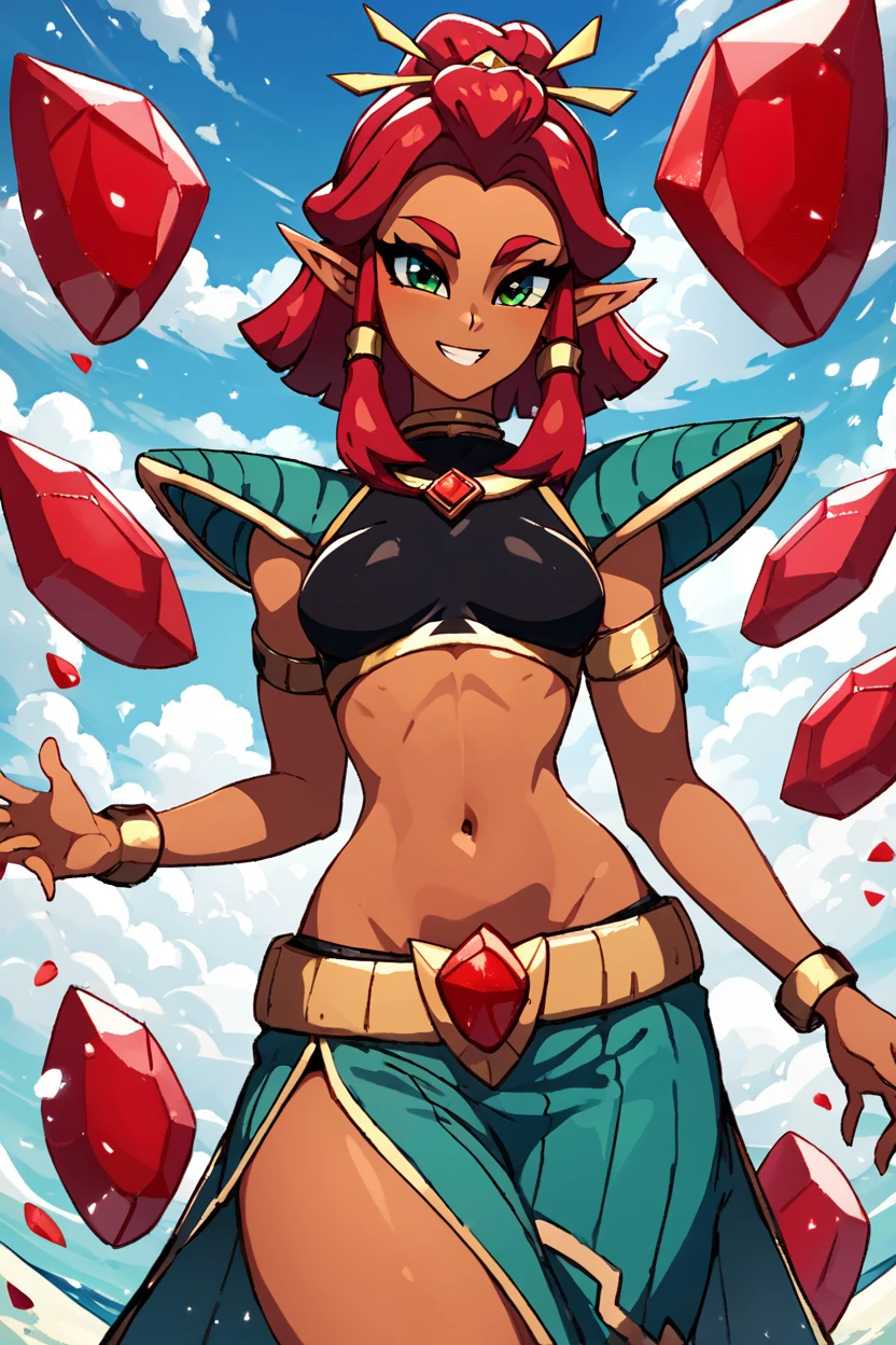 score_9, score_8_up, score_8, medium breasts, (curvy), cute, eyelashes,       BREAK, ,  zzSaiyanRiju, green eyes, red hair, pointy ears, dark skin, shoulder armor, navel, jewelry, midriff, bracelet, crop top, armlet, hair tubes, red gem,  <lora:SaiyanRiju_PDXL:0.8>,    , BREAK, smile, looking at viewer, cowboy shot, ,,, embedding:zPDXL, <lora:DiivesP1:0.7>,