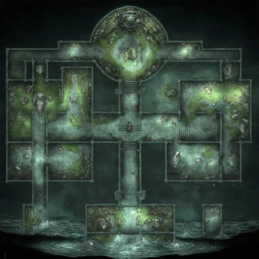 A partially submerged temple ruin, with crumbling stone walls covered in algae and barnacles. The water is murky, filled with floating debris and broken statues. Some areas of the temple are completely underwater, visible through gaps in the stone floors. Mossy columns rise from the water, and eerie shadows shift beneath the surface. In the center, a sunken altar emits a faint, mysterious glow.