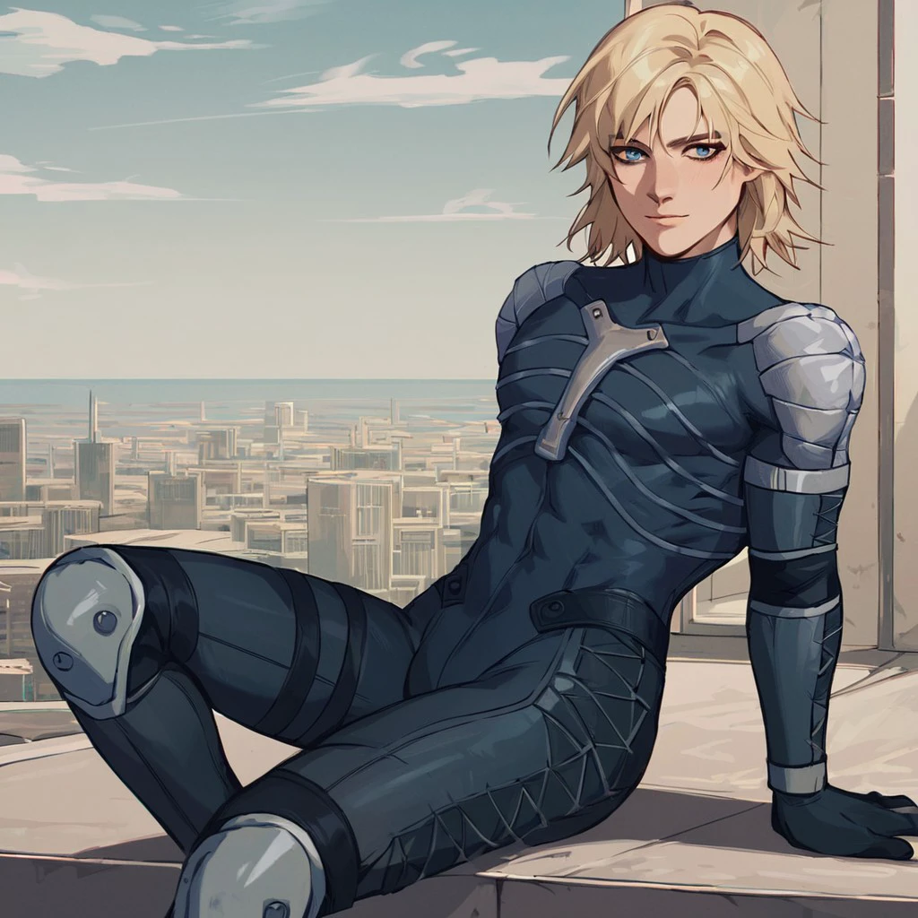 score_9, score_8_up, score_7_up, source_anime, masterpiece, best quality, absurdres, high resolution, highres, highly rated, 1boy, solo, raiden, mgs2raiden, (blonde hair, medium hair, blue eyes, curvy build, latex bodysuit, shoulder pads, elbow pads, knee pads), sitting on rooftop, city environment, city