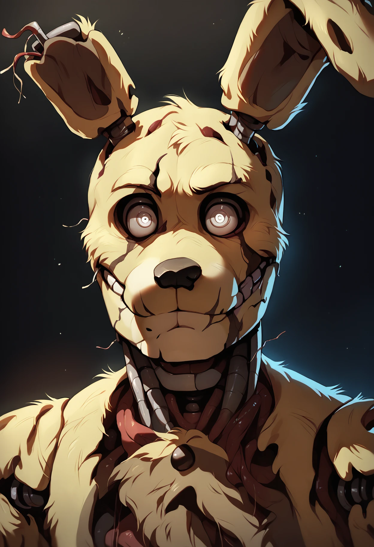 score_9, score_8_up, score_7_up, score_6_up, solo, (springtrap, furry, rabbit), portrait, (close-up), closed mouth, white eyes, dark background, highly detailed face, fnaf, male focus, cinematic, realistic <lora:Springtrap_v4:0.99>