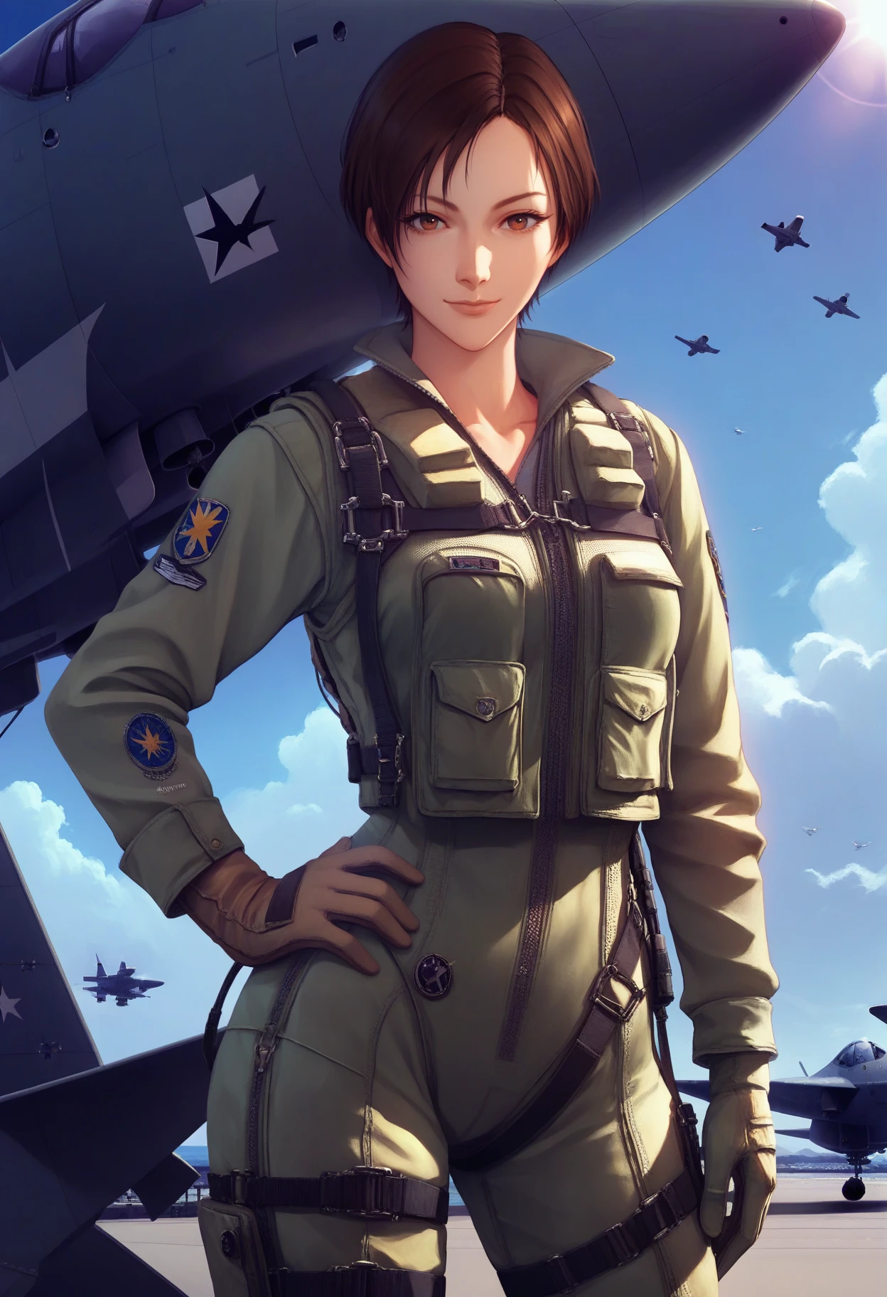 score_9, score_8_up, score_7_up, score_6_up, <lora:KeiNagase:0.9>, KeiNagase, 1girl, solo, brown hair, short hair, brown eyes, 
pilot suit, long sleeves, gloves,
cowboy shot, looking at viewer, hand on own hip, smile, closed mouth, 
BREAK sky, day, blue sky, sunlight, sunbeam, aircraft, airfield,