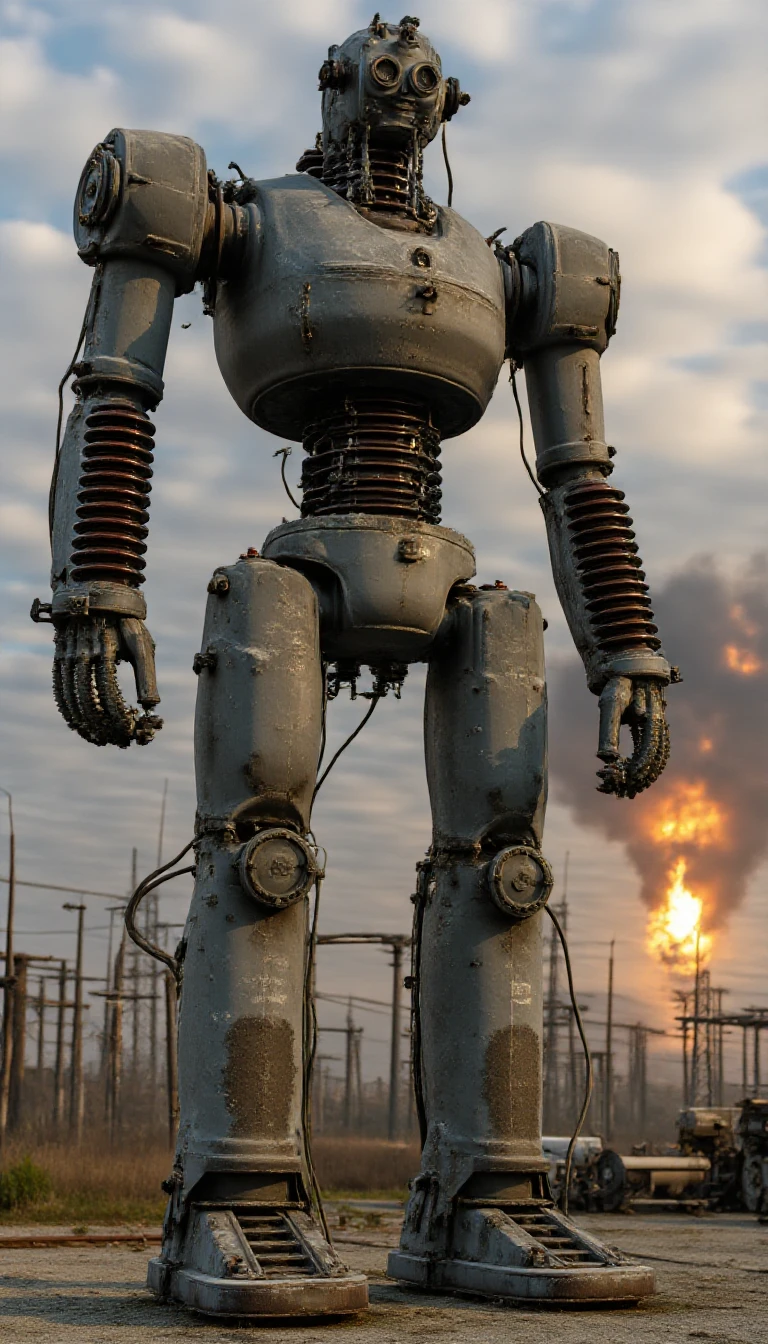 <lora:Electric_Transformers:1.2>  A towering robot constructed with industrial power transformers integrated into its body, arms, and legs, featuring massive coils, cables, and insulators that emphasize raw, mechanical power.   The robot has a weathered, metallic finish with intricate detailing on every component, evoking an intense, rugged look. Its eyes are large and expressive, capturing a lonely, somber gaze as they reflect the distant glow of a nuclear blast, adding a haunting atmosphere. The robot stands against a post apocalyptic background, a nuke going off in the background, its metallic body slightly illuminated by the soft, ominous light of the blast, casting subtle highlights across its surface. Photorealistic, ultra-detailed textures, with cinematic lighting and shadows to enhance the drama.