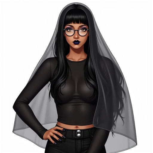 bangs, black lips, veil, outdoors, black-framed eyewear, dark skin, dark-skinned female, white background, hand on hip