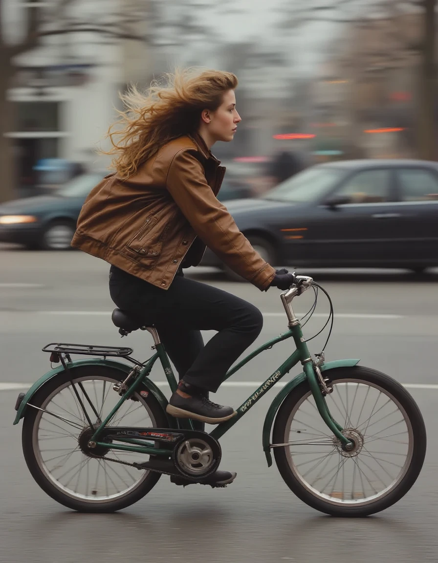 retr0grade90s A woman riding a bike down a street.<lora:General Flux\retrograde-90s-000015.safetensors:0.9500000000000001:1.0>