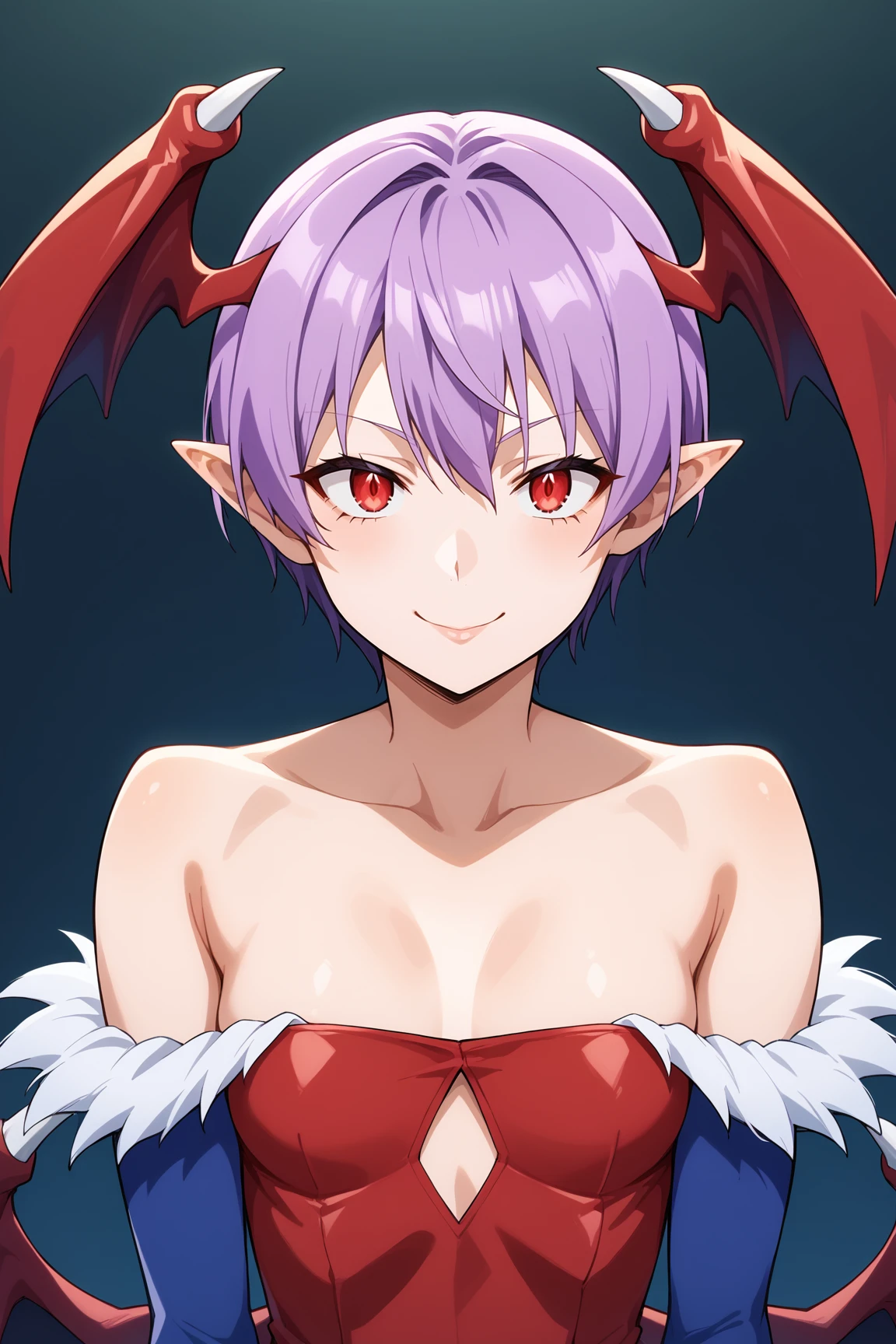 score_9, score_8_up, score_7_up, source anime, prefect lighting, very aesthetic, BREAK, anime coloring, 
<lora:lilith_darkstalkers_v2-pdv6:1>, 1girl, lilith \(darkstalkers\), red eyes, purple hair, short hair, demon girl, 
lilithout, red leotard, head wings, upper body, covered collarbone, pointy ears, 
BREAK, looking at viewer, light smile, portrait, 
BREAK,