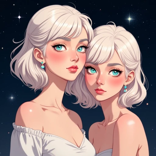 adding a celestial ambiance to the scene.   The woman on the left has short, digitally illustrated portrait of a young woman with a distinctly anime-inspired style. She has fair skin and a delicate, almost platinum blonde color with a glossy sheen, which are accentuated by thick, intimate pose, standing out against the darker background.   Behind her, platinum blonde hair styled in loose curls cascading down her shoulders, delicate hairpin. Her hair is a light