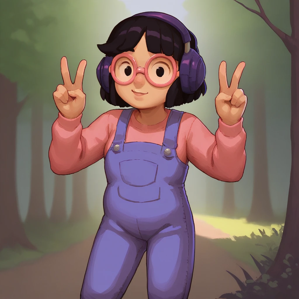 score_9, score_8_up, BREAK, Valerie, 1girl, solo, black hair, short hair, black eyes, headphones, round eyewear, pink t-shirt, blue overalls, cowboy shot,  <lora:Valerie_RE_Spelunky2_PXL_Leaf1:1>, outdoors, forest, looking at viewer, double v,