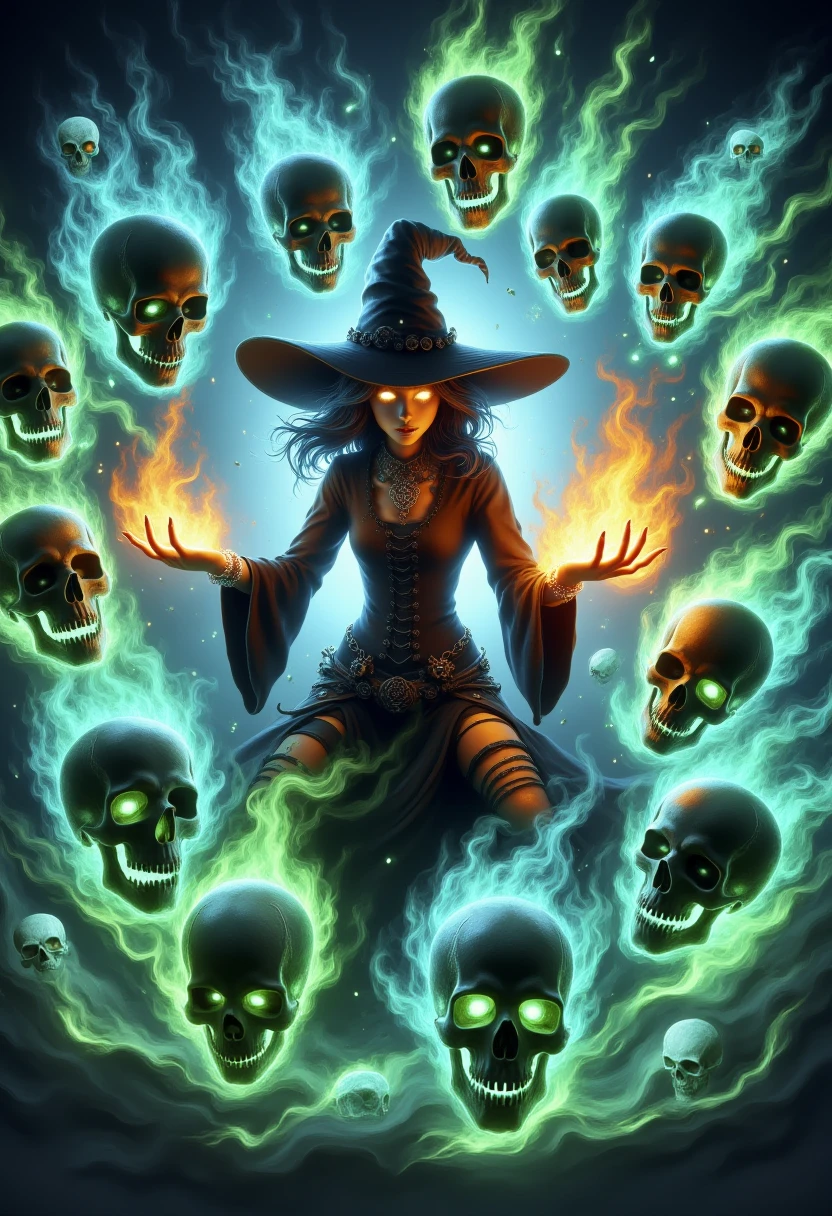 skelewitch, a witch, casting spell, with hands engulfed in fiery blaze, radiant glowing eyes, surrounded by swirling vortex of green and blue flame-formed skulls and skeletons, amidst ethereal aura, pulsing energy flow, and turbulent wind whispers