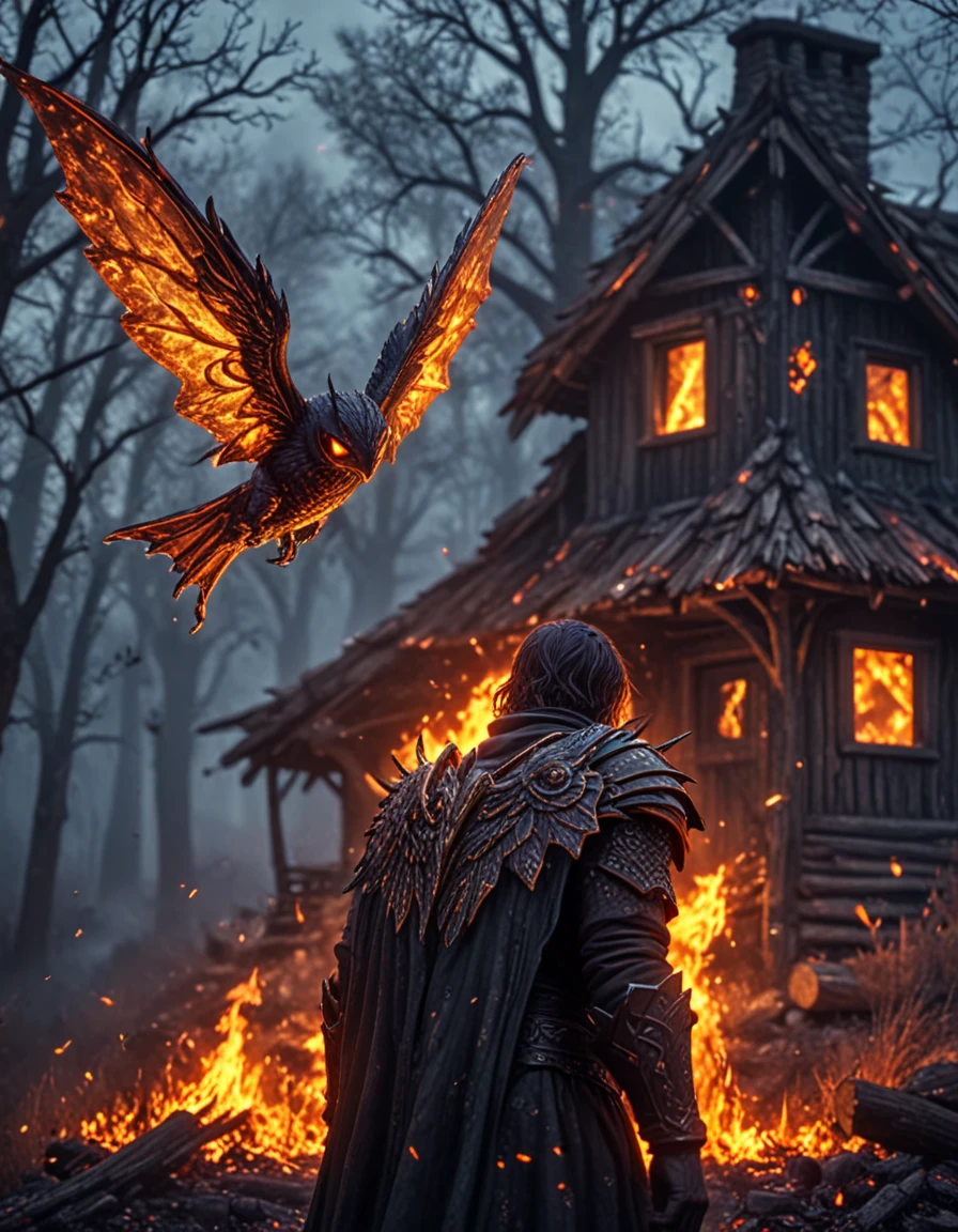 novuschroma style mothman next to a creepy old cabin with fire embers <lora:118_novuschroma_1:1>, <lora:sdxl_lightning_8step_lora:1>