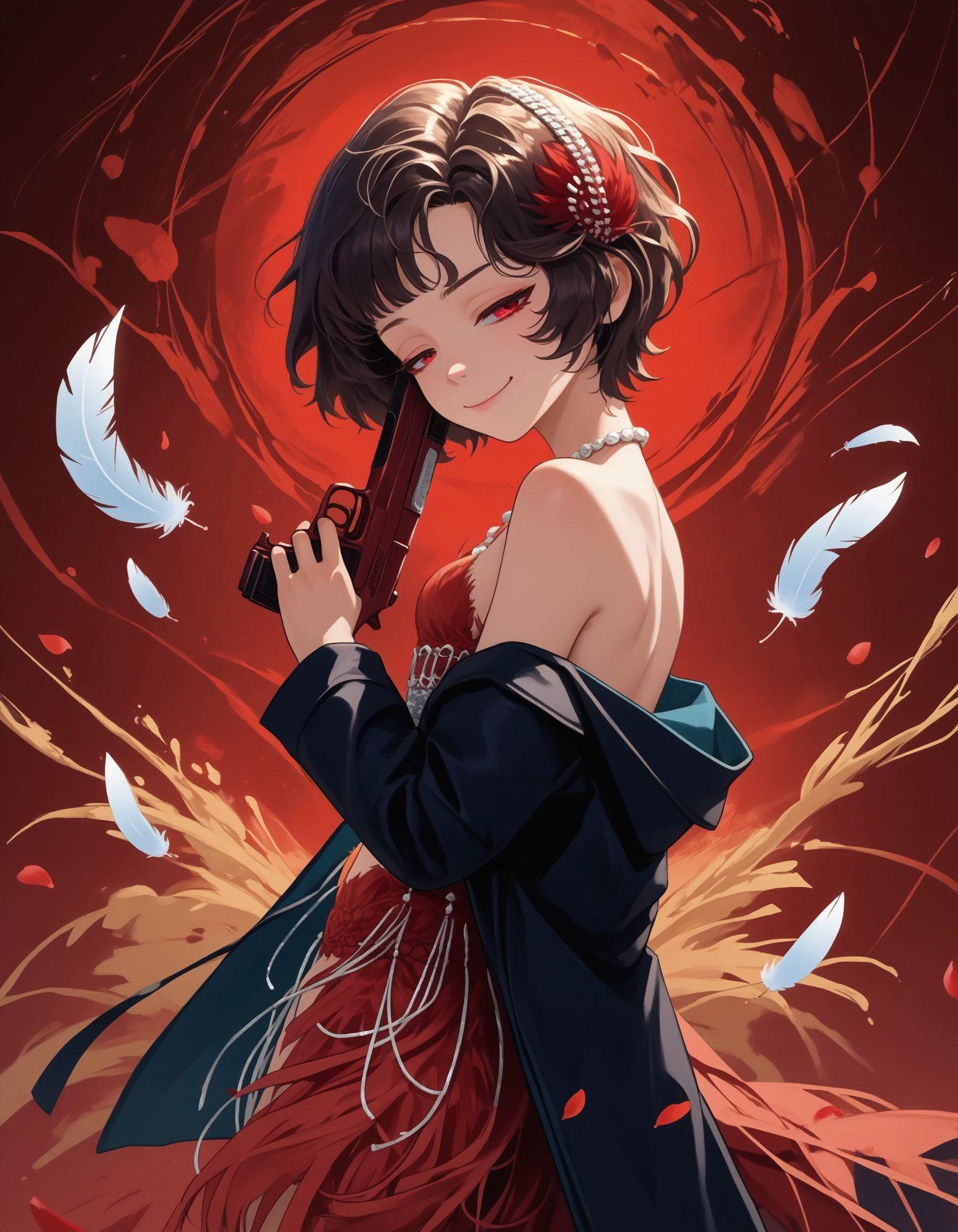 score_9, score_8_up, score_7_up, score_6_up, source_anime, red background, abstract background, falling petals, falling feathers,
BREAK
1girl, schndef, short hair, feather hair ornament, red eyes, small breasts, red dress, feather dress, black jacket, necklace, black coat, single off shoulder, single bare shoulder, from behind, from side, looking back, half-closed eyes, smirk, hand up, holding gun, holding weapon, handgun, trigger discipline, finger on trigger,
<lora:r1999schneider-pdxl-ravenfoot-v1-CAME:1.0>