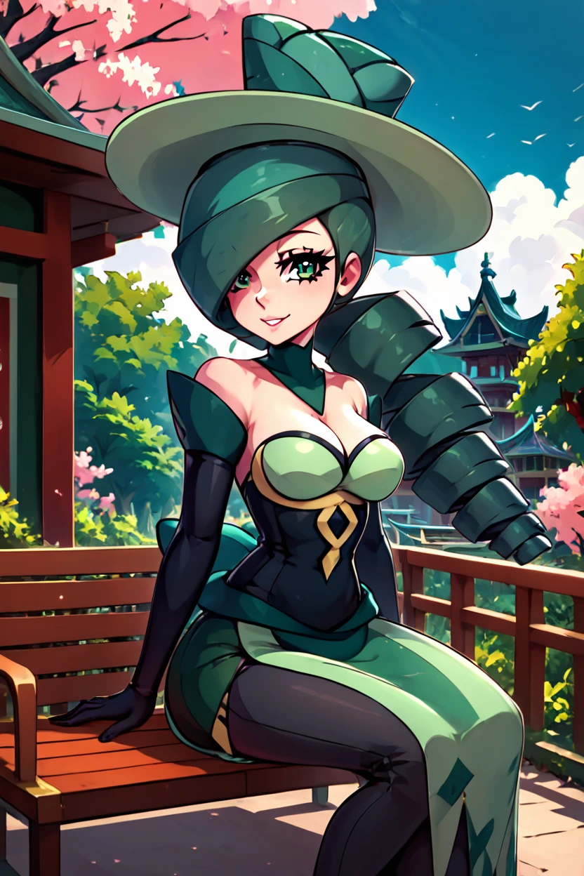 score_9, score_8_up, score_8, medium breasts, (curvy), cute, eyelashes,       ,,, , ,,, zzMorgan, green eyes, hair over one eye, drill hair, green hair, long hair, elbow gloves, black gloves, cleavage, bare shoulders, green dress, green headwear,  <lora:Morgan_Pokemon_PDXL:1.0>,    ,,,, BREAK, sitting on bench, side view, smile, looking at viewer, cowboy shot,  ,,, BREAK, pnkBldng, sky, day, cloud, tree, blue sky, building, architecture, east asian architecture,  ,,, BREAK, embedding:zPDXL, Expressiveh,  ,,, <lora:PinkBuildingsPDXL_v2:0.6>, <lora:SDXLFaeTastic2400:0.5>, <lora:Expressive_H-000001:0.4>