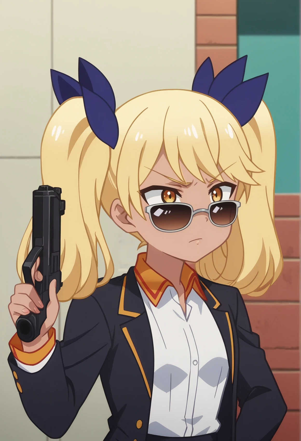 1girl,  solo, dark skin, blonde hair, twintails, hair ribbon, sunglasses, yellow eyes, upper body, black blazer, white shirt, long sleeves, black pants, holding gun, anime screencap  <lora:Show_By_Rock_Retoree:0.8>, score_9, score_8_up, score_7_up, score_6_up, score_5_up, score_4_up, BREAK source_anime, masterpiece