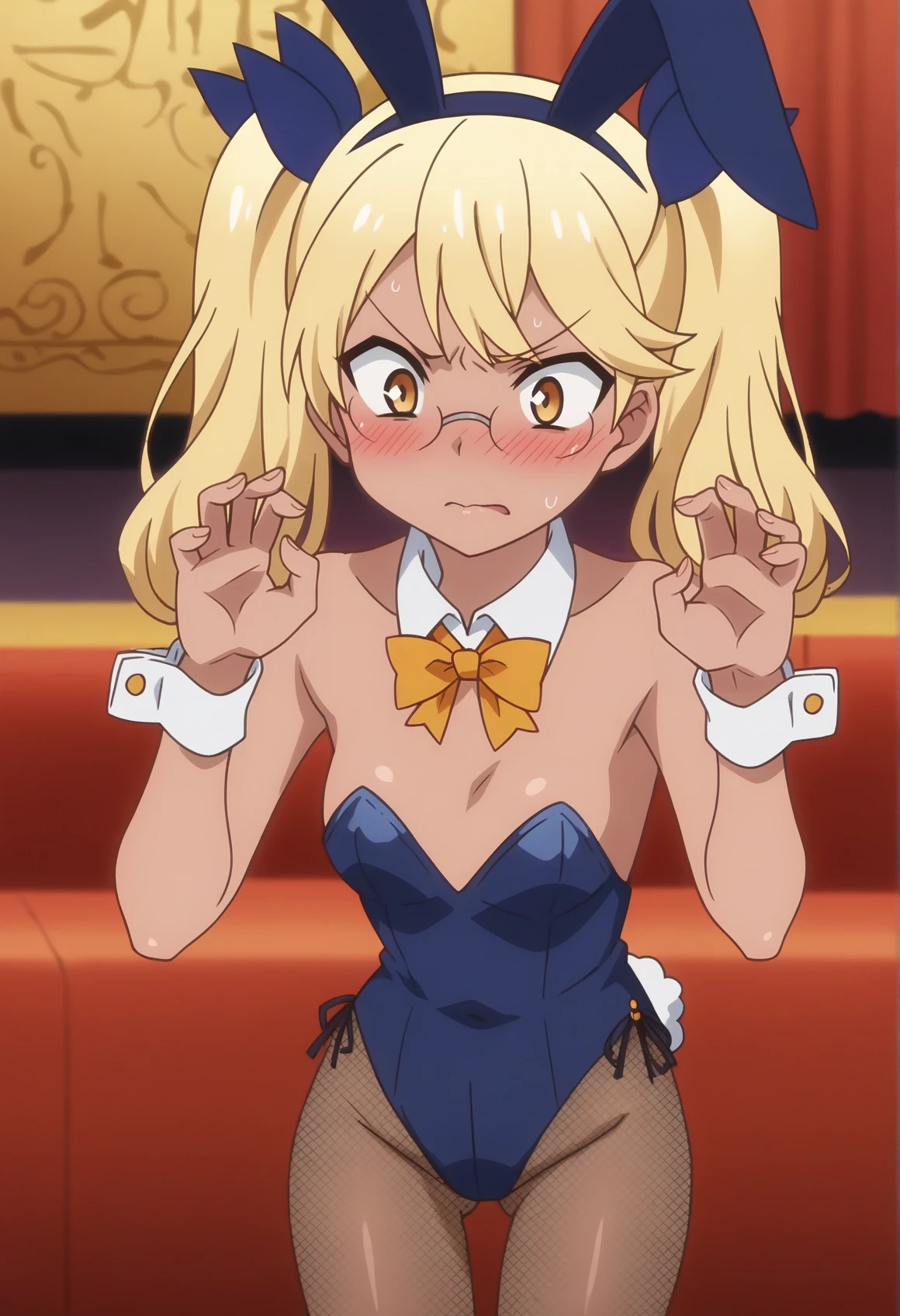 1girl,  solo, dark skin, blonde hair, twintails, hair ribbon, sunglasses, yellow eyes, playboy bunny, embarrassed, blush, panicking, fishnet pantyhose, wrist cuff, detached collar, rabbit pose, anime screencap, cowboy shot, thighs,   <lora:Show_By_Rock_Retoree:0.8>, score_9, score_8_up, score_7_up, score_6_up, score_5_up, score_4_up, BREAK source_anime, masterpiece