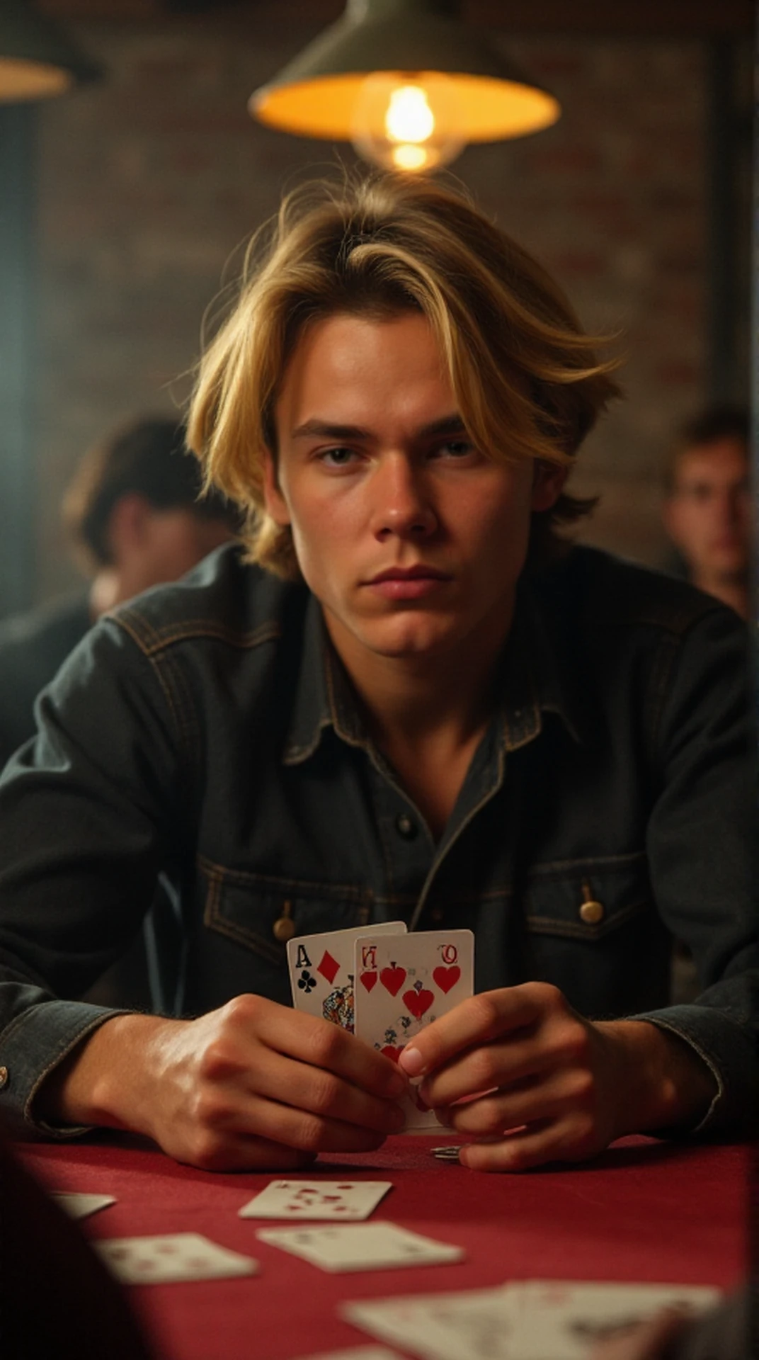 photo of young man, 21, head and shoulders, eye contact, shoulder-length blonde hair, clean shaven, handsome, playing cards in a smokey backroom with some buddies, (((looking directly at viewer))), ((facing viewer)), (eye contact maintained with viewer), centered, face centered