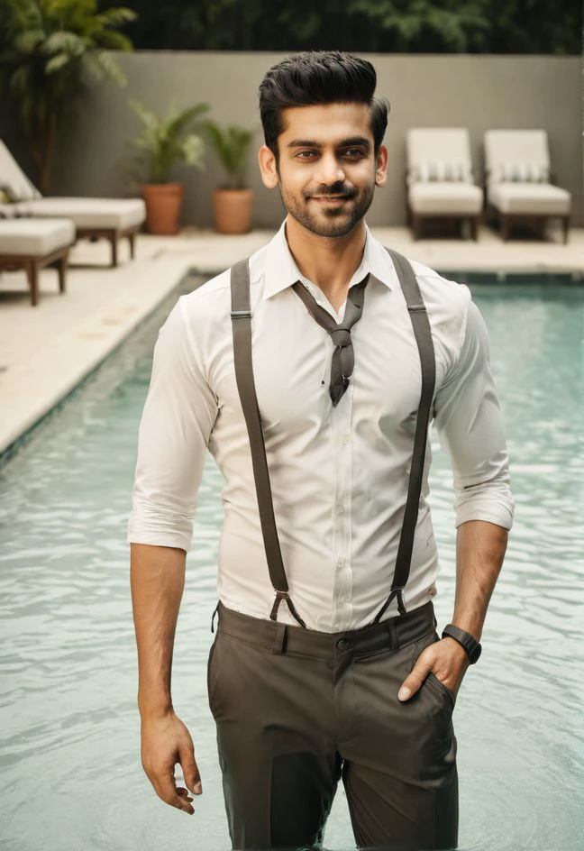 side view, full body view, analog film photo , Avinash Mishra a man <lora:Avinash-Mishra:1>, (in the water:2),swimming pool, half body in water, ((looking at the camera:2)), pouring water on head, (suspenders:1.5),dark tie,(charming smile:1.2),fluffy cushions, faded film, desaturated, grainy, vignette, vintage, Kodachrome, Lomography, stained, perfect face, highly detailed,  <lora:add-detail-xl:1>