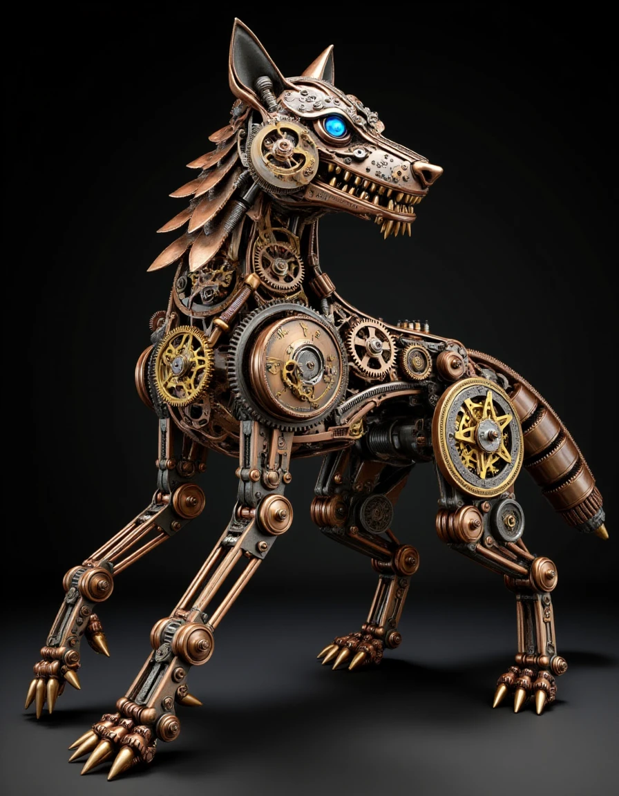 clckwrk, clockwork wolf constructed from copper and iron gears, articulated limbs with visible clock springs and screws, fierce expression with glowing blue glass eyes, body covered in polished metal plates, detailed tail made from segmented cogs, dark steampunk setting, side view, dramatic lighting,  <lora:mechanica_v42_rank32_bf16-step00456:1>