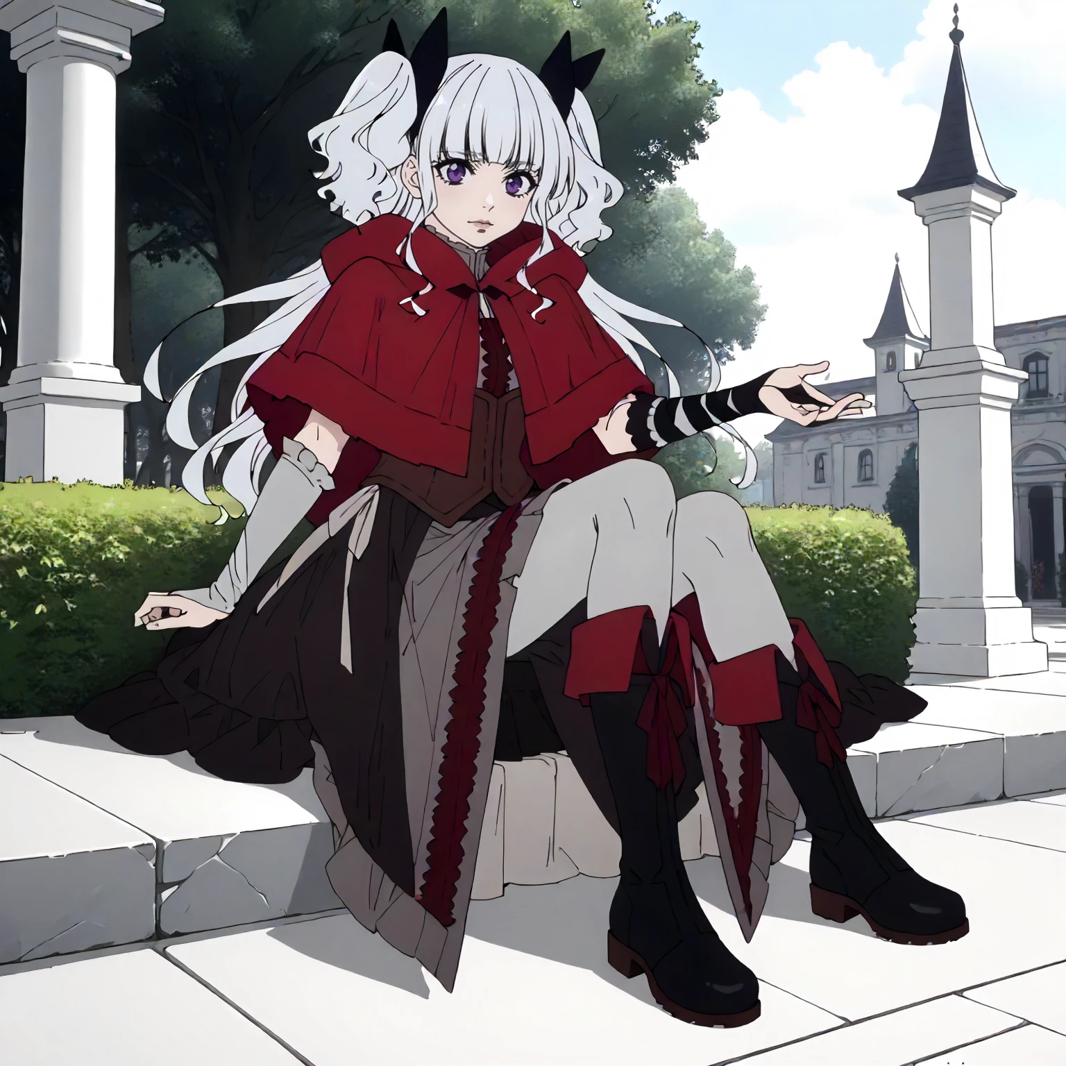 <lora:DN_KikiXLpony003>,
outdoors,
solo,
Kiki,1girl,white hair,hair ribbon,two -side up,purple eyes,
red capelet,dress,corset,
bridal gauntlets,
black skirt,frilled_skirt,gray pantyhose,miniskirt,
boots,
sitting,