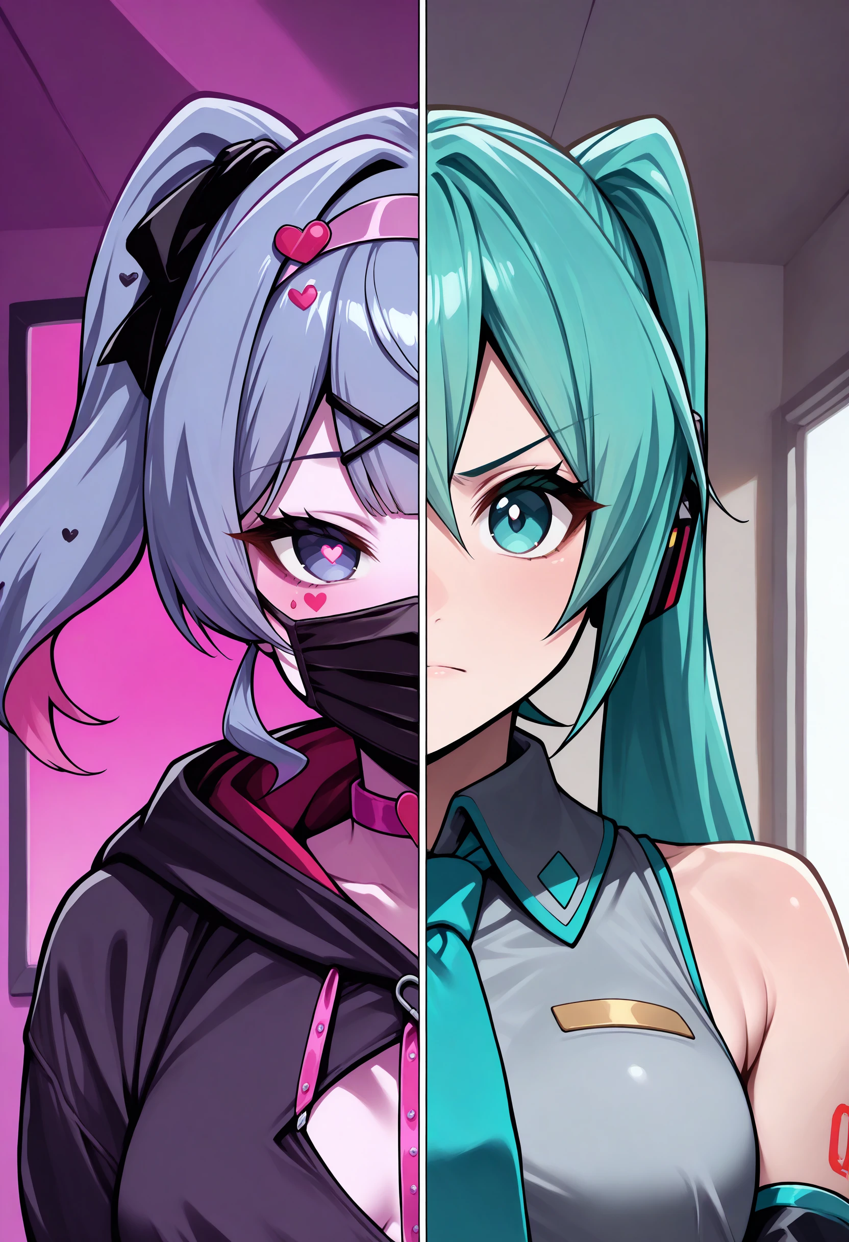 masterpiece, best quality, indoors, 1girl, SplitScreen, split screen, upper body, <lora:SplitScreen_illusXL_Incrs_v1:1>, rabbit hole \(vocaloid\), blue hair, twintails, mouth mask, heart-shaped pupils, black hoodie, hood down, seductive smile, 
masterpiece, best quality, indoors, 1girl, SplitScreen, split screen, upper body, <lora:SplitScreen_illusXL_Incrs_v1:1>, hatsune miku, twintails,