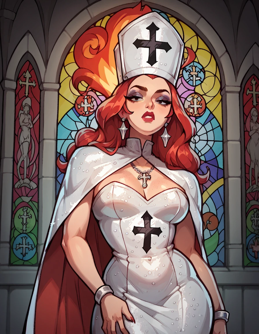 score_9, score_8_up, score_7_up, score_6_up, score_5_up, score_4_up, 1girl, solo, long red hair, makeup, lipstick, earrings, bracelet, multiple necklaces, hud_p0pe, priest hat, strapless dress, sequins, cape, <lora:hud_p0pe_XLP:0.6>, church, stained glass, fire