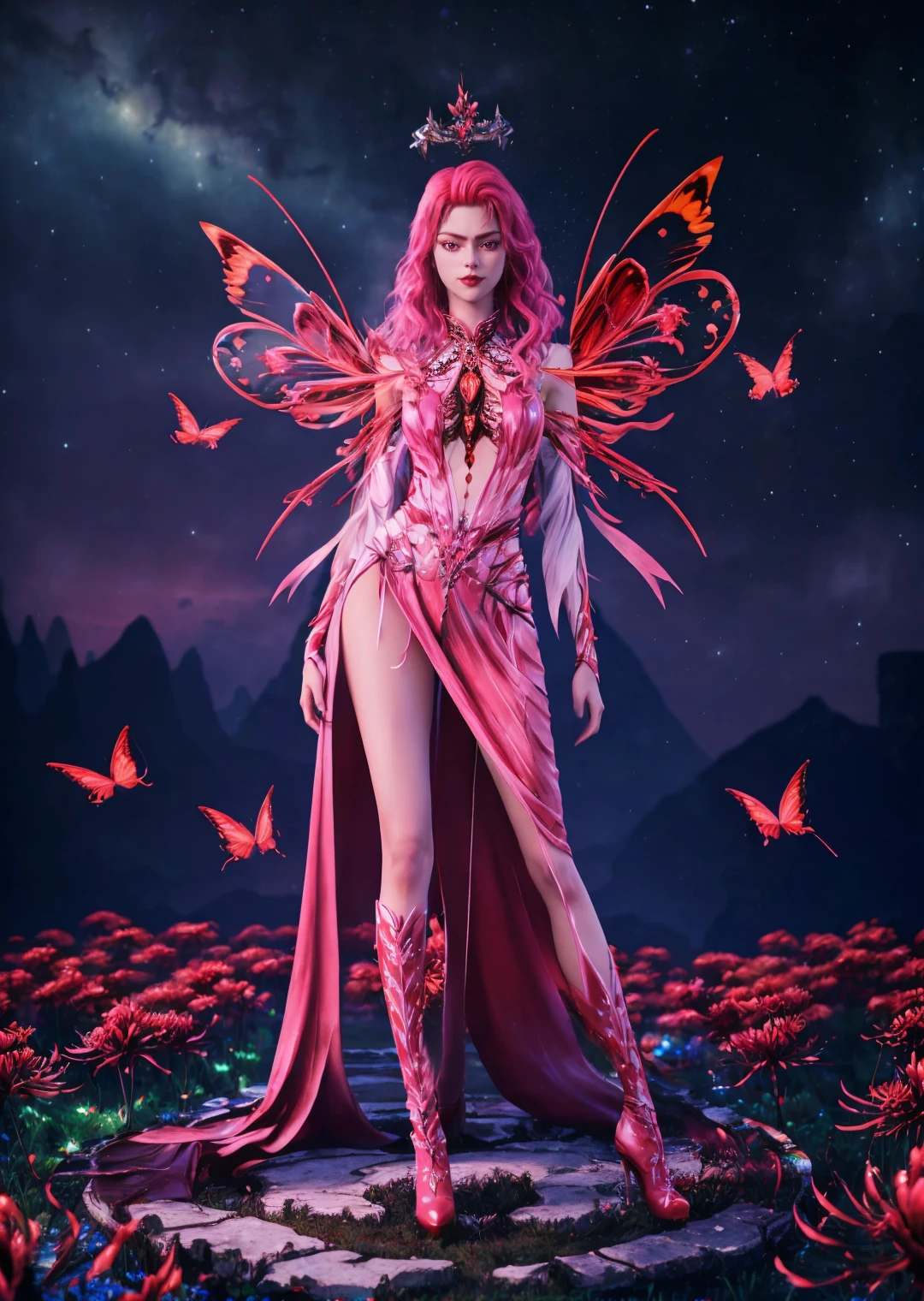 1girl,solo,pink hair,pink eyes,red lips,dress,(angel wings),halo,(bare legs),high heels boots,looking at viewer,starry sky,flower,spider lily,((red butterfly)),fantasy,((light)),((glowing)),full body,(blurry),depth of field,3d,Highly detailed,(ultra-detailed),(best quality,masterpiece:1.5),<lora:xidi:0.7>,<lora:ç»èè°æ´2.0:0>,