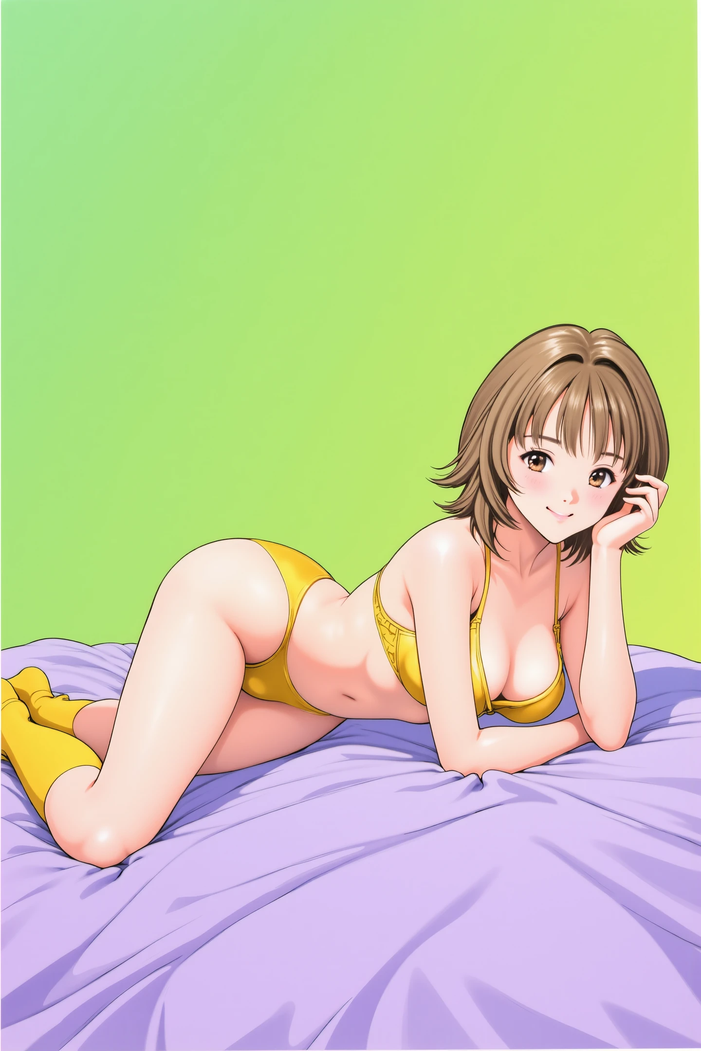 Itsuki Akiba,a young woman with light brown,shoulder-length hair styled in a bob cut with bangs. She has large,expressive brown eyes and a gentle,inviting smile. Her skin is fair and smooth,with a slight blush on her cheeks. She is lying on her stomach on a bed covered with soft,lavender-colored sheets,which are slightly crumpled,indicating recent movement. Her attire consists of a revealing,two-piece gold bikini,highlighting her slender physique and moderate breast size. She wears matching gold thong underwear,which is visible through the bikini bottoms. Her feet are adorned with yellow,knee-high socks,adding a playful touch to her appearance. The background is a simple,gradient green,which contrasts with the vivid colors of her outfit and the bed. The overall composition is dynamic,with the woman's body slightly angled towards the viewer,emphasizing her relaxed yet inviting posture. The illustration captures a serene,intimate moment,with soft shading and careful attention to detail,emphasizing the smooth texture of her skin and the softness of the bed linens.,
<lora:Katsura Masakazu_FLUX:1>,