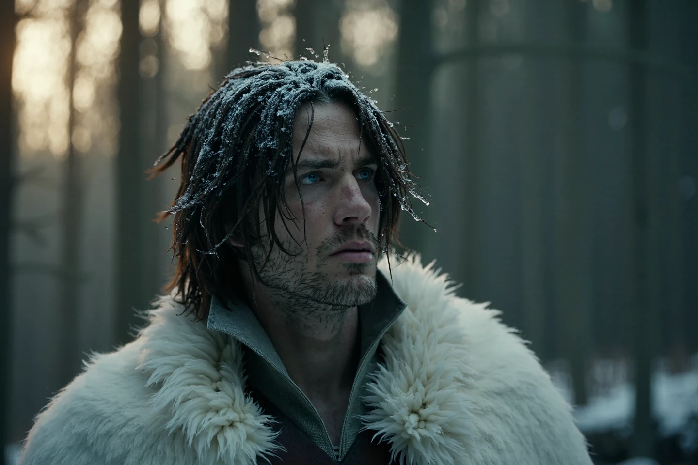 Cinematic still. film scene from Denis Villeneuve. Cinematography. A closeup of 25 year old Trevor's face shows him deep in thought, his expression serious and introspective. His white fur stole frames his face and his cloak, while the soft, warm lighting of the forest in the background enhances the solemn mood. Trevor's eyes are focused, partially obscured by the touseled hair in his face, and the subtle details of his stubble and scars emphasize the weight of his experiences. The atmosphere feels heavy, yet calm, as he stands silently in the fading light of the woods. Shivering cold.