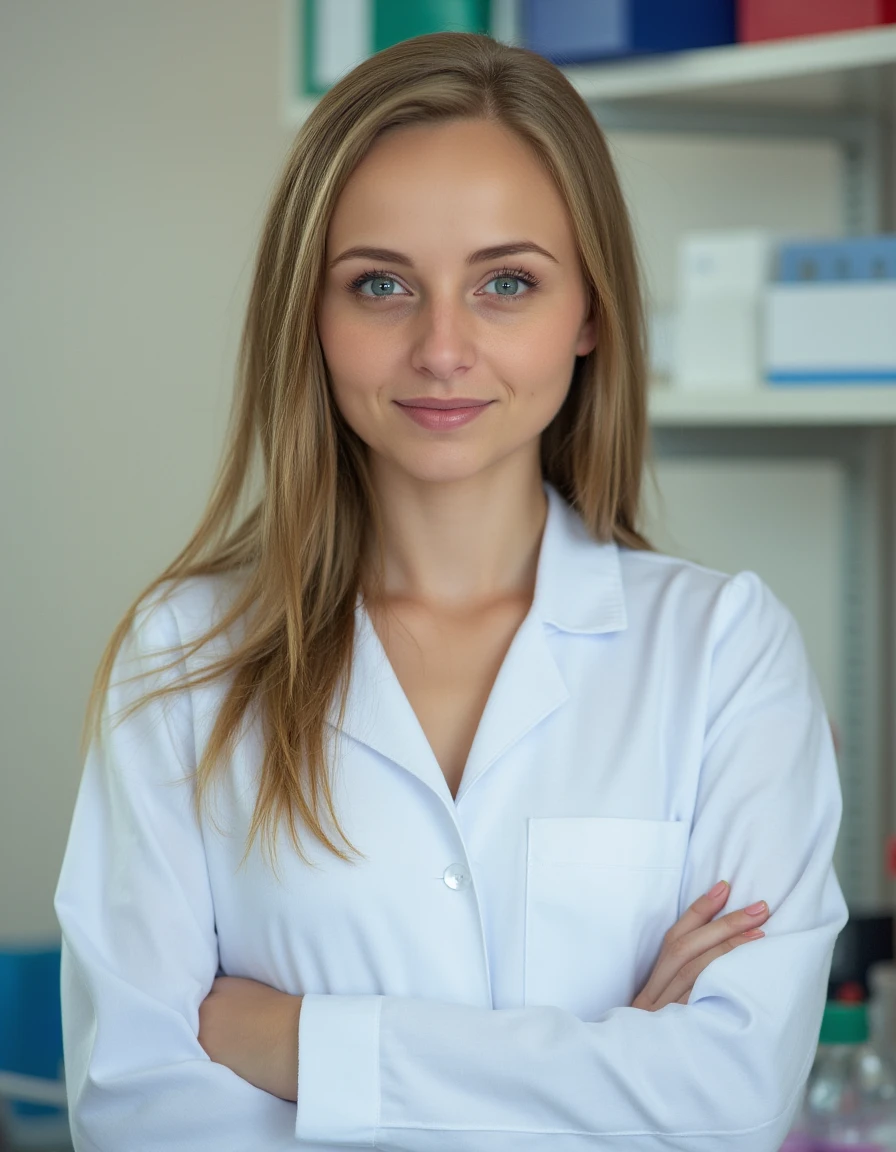 Lad463Bug, A full color portrait of a beautiful woman wearing a lab coat in a laboratory, subsurface scattering