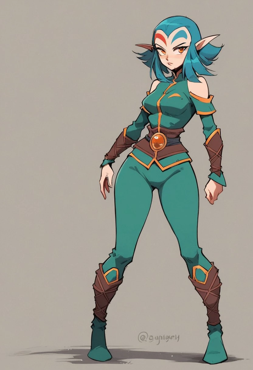 Arceus human female , Brown Skin ,big Breasts   , zip hoodie, Black short hair , Green eyes , ((full armor)) , Full body,Shoes ,Bandage , Concept ART ((thicc)) ((good hands 1k))