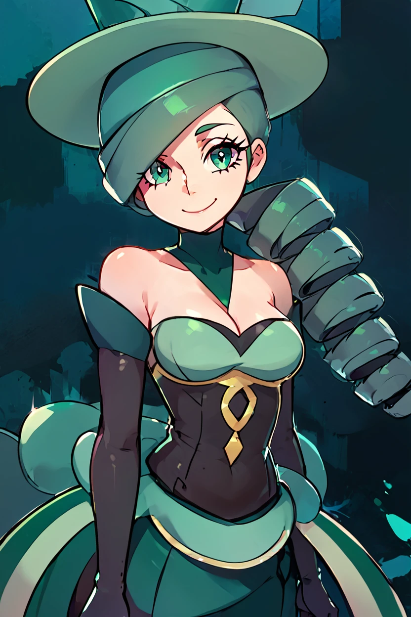 score_9, score_8_up, score_8, medium breasts, (curvy), cute, eyelashes,       ,,, , ,,, zzMorgan, green eyes, hair over one eye, drill hair, green hair, long hair, elbow gloves, black gloves, cleavage, bare shoulders, green dress, green headwear,  <lora:Morgan_Pokemon_PDXL:1.0>,    ,,,, BREAK, <lora:GoldenCAT_Lora_PDXL_v2:0.8>, smile, closed mouth, looking at viewer, cowboy shot, ,,, embedding:zPDXL, Expressiveh, ,,, <lora:Expressive_H-000001:0.4>,