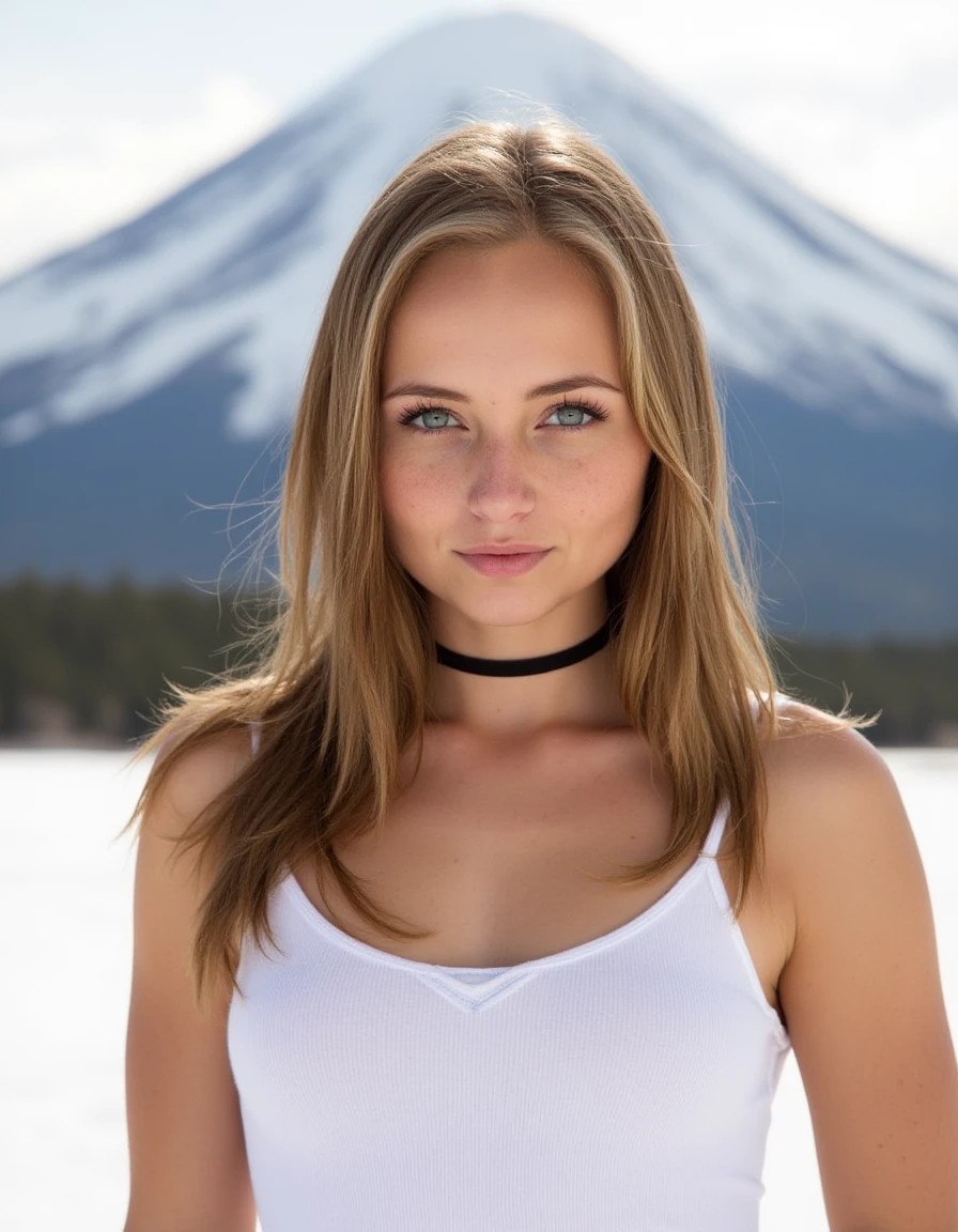 Lad463Bug, (portrait, looking at viewer:1.2), professional photography, (freckles:0.8), blush, shy, beautiful eyes, black choker, (white tank top:1.2), seductive, sensual, realistic, depth of field, outdoor, snow, mountains, winter background, volcanic mountain