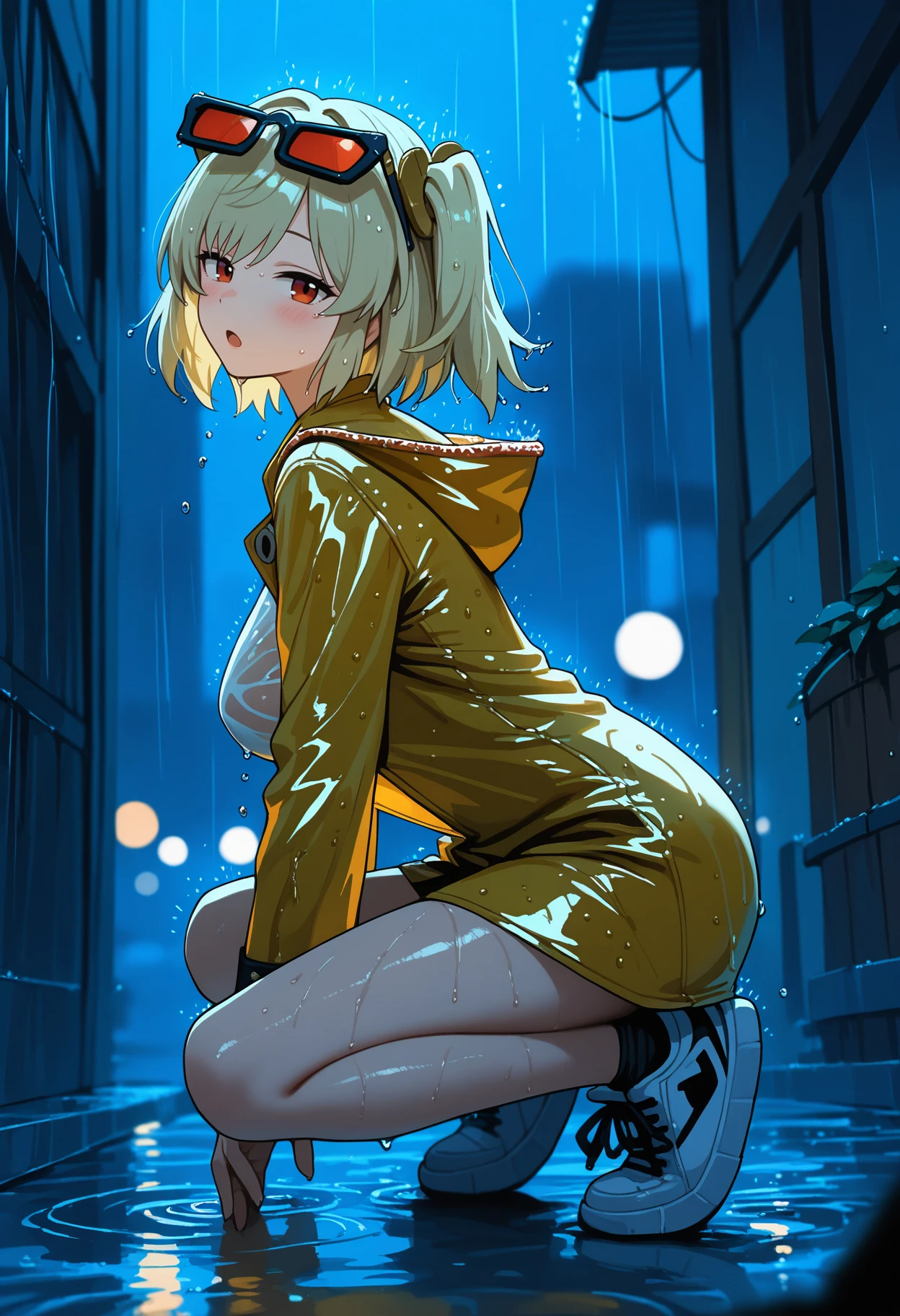 masterpiece, best quality, 1girl, toned,
short hair, blonde hair, hair bun, double bun, blunt bangs, messy hair, sidelocks, yellow eyes, fangs, bags under eyes, 
yellow raincoat, raincoat, transparent raincoat, see-through coat, covered nipples, wet, wet clothes, wet hair, thighs, looking at viewer, smug, licking lips, tongue out, arms behind back, outdoors, bus top, glass, raining, rain, night sky, starry sky, moon, cowboy shot,
<lora:tghmk_idxl_EliPot:1>