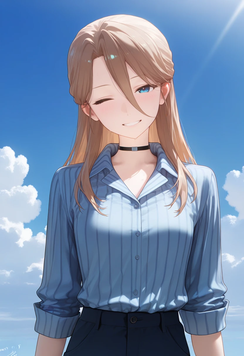 1girl, nishimiya yaeko, long hair, blue eyes, hair between eyes, brown hair, expressionless, bangs, half updo, small breasts, <lora:Nishimiya_Yaeko-05:1>, vertical-striped shirt, collared shirt, pants, looking at viewer, solo, black choker, cowboy shot, ;d, blue sky, blush, cloud, dated, grin, head tilt, holding flower, one eye closed, outdoors, smile, upper body, volumetric lighting, shiny skin, humid skin, BREAK, best quality, amazing quality, highres, absurdres, very aesthetic, high resolution, ultra detailed, perfect details <lora:nyalia:0.4>