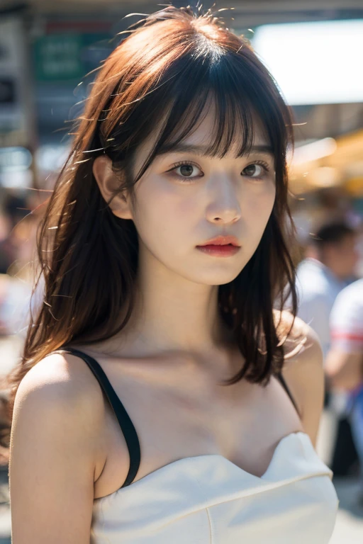 masterpiece, best quality, ultra-detailed, ultra high res, (photorealistic:1.4), raw photo, (realistic:0.2), 8k HDR, realistic cool temperature lighting, (asian:0.2), 1girl, solo, asymmetrical hair, outdoor, (traditional market:1.2), bokeh, (detailed lips), (detailed pores), (detailed skin textures), (detailed face:1.2), (upper body:1.2), a woman in a white strapless tube dress, promotional image, a character portrait,