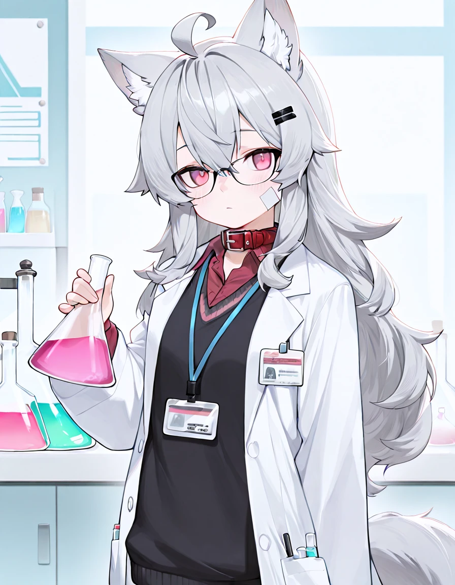 masterpiece, best quality, high quality, good quality,  1girl, ooriru, glasses, white bandaid, bandaid on cheek, hairclip, animal collar, wolf tail, lab coat, collared shirt, sweater, head turn, looking at viewer, holding flask, lab, erlenmeyer flask, id card, lanyard  <lora:ooriru-illust-v4:0.7>