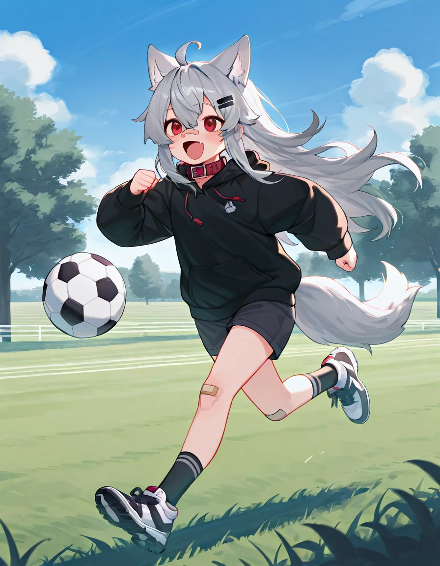 masterpiece, best quality, high quality, good quality,  1girl, solo, ooriru, red eyes, bandaid on nose, hairclip, animal collar, black hoodie, shorts, bandaid on knee, wolf tail, socks, sneakers, happy, open mouth, running, soccer ball, outdoors, field, trees, blue sky, cloud  <lora:ooriru-illust-v4:0.7>