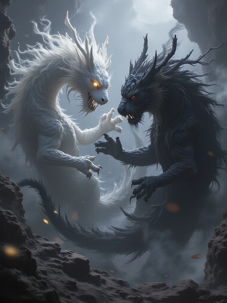 cg,An epic scene of a fierce white dragon and a formidable black tiger locked in an intense, balanced stance, inspired by the Yin-Yang symbol and Thai art. The white dragon coils in mid-air, exuding grace and strength, its tendrils of smoky energy flowing outward in powerful waves. The black tiger, poised and tense, stands in opposition, claws extended and muscles rippling, surrounded by dark, ink-like smoke that swirls toward the dragon in dynamic tension. The background is atmospheric, with hints of dark stone and subtle gold accents, highlighting the creatures' strength and balance without physical contact.