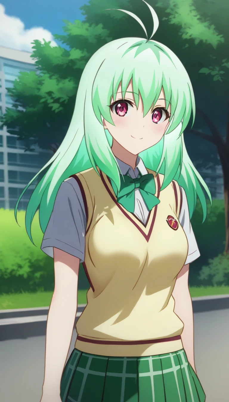 score_9,score_8_up,score_7_up,score_6_up BREAK official art,solo,outdoors,upper body,(portrait:1.5),looking at viewer,facing viewer,smile,blush,Run Elsie Jewelria,ahoge,long hair,green hair,floating hair,hair between eyes,bangs,pink eyes,school uniform,sweater vest,yellow vest,white shirt,collared shirt,green bowtie,short sleeves,medium breasts,miniskirt,green skirt,plaid skirt,pleated skirt,black socks,loafers,<lora:Run Elsie Jewelria(tlr)-Pony:1.6>,