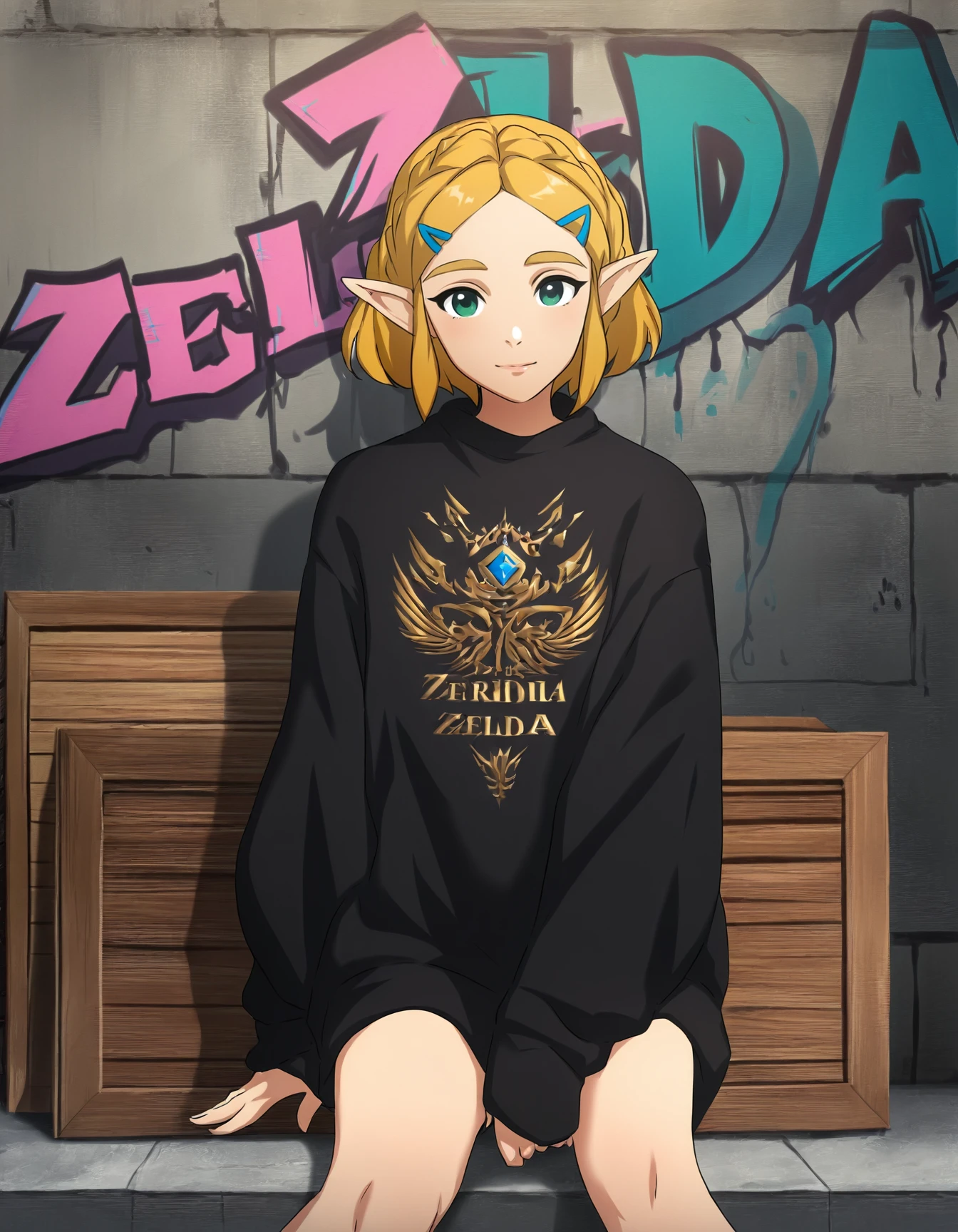 <lora:anime-poster-v2-illustrious-000030:1> 
1girl, solo, princess zelda, fashion, streetwear, cowboy shot,
wall, graffiti, crate, sitting, sidewalk, looking at viewer, light smile
Cinematic Light, masterpiece, best quality